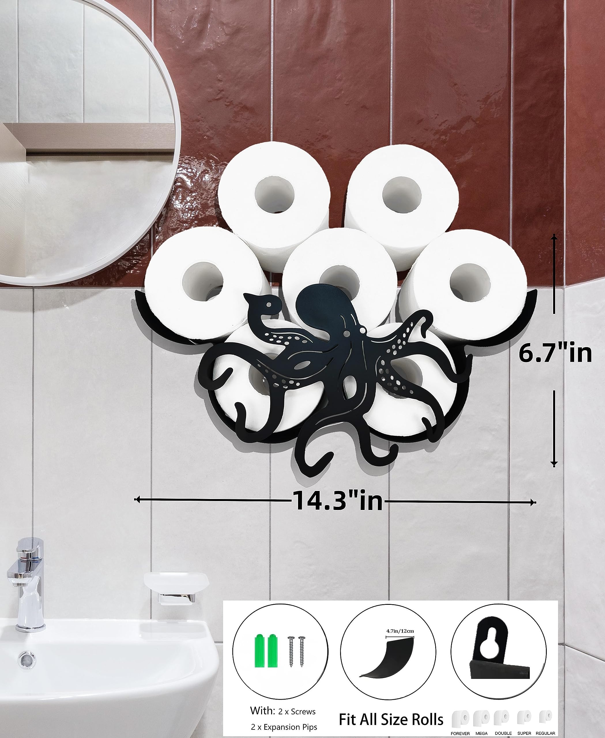 Black Octopus Metal Wall Toilet Paper Holder - Animal Decorative Bathroom Tissue Storage Organizer with 8-Roll Capacity - Perfect for Coastal, Nautical, or Kids' Bathroom Decor