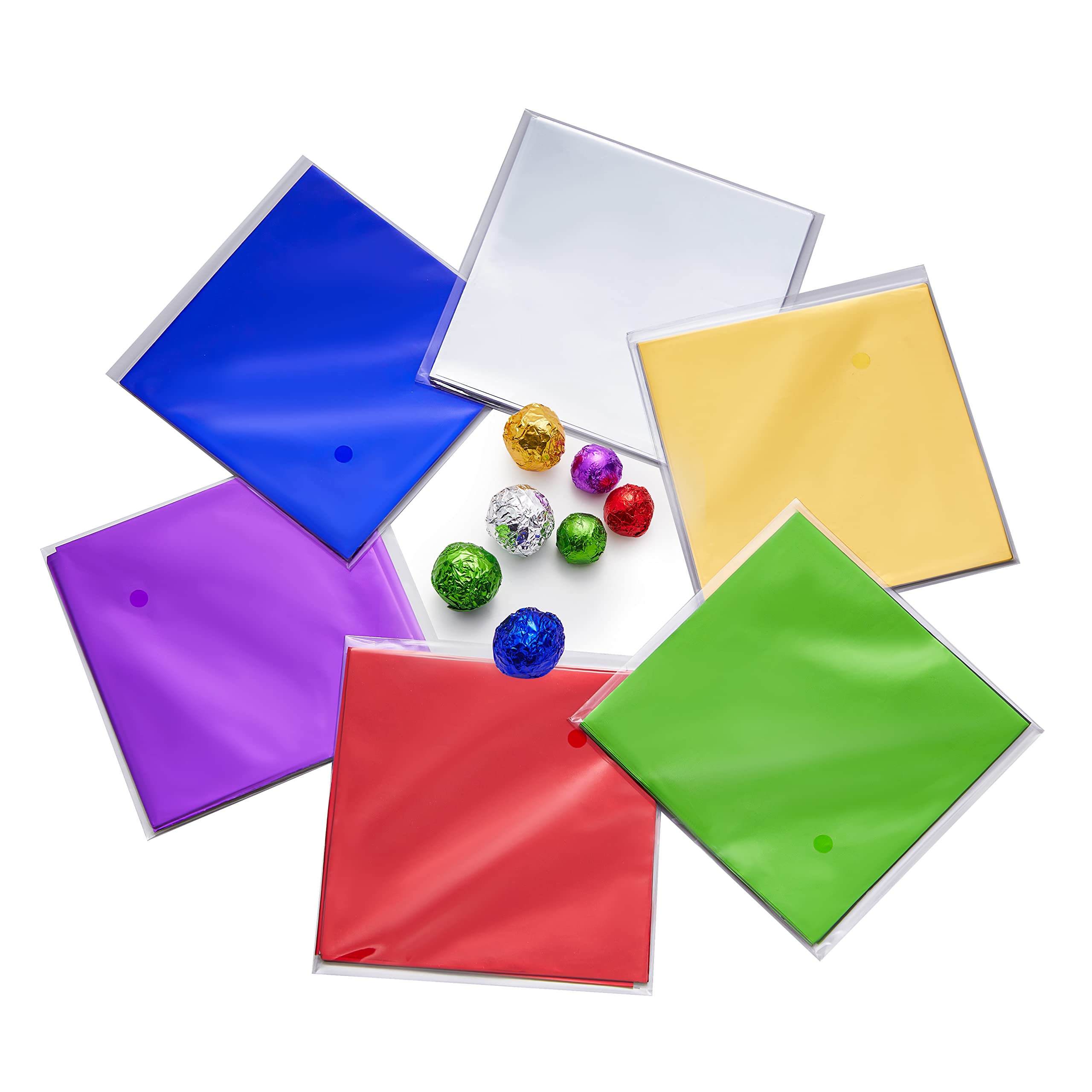 600pcs Aluminum Foil Candy Wrappers - 4x4 Inch Square Chocolate Wrapping Paper for Sweets, Lollipops & Food Packaging - 6 Color Decorative Tin Foil Sheets - Perfect for Party Favors, Wedding Treats & Holiday Candy Decorations