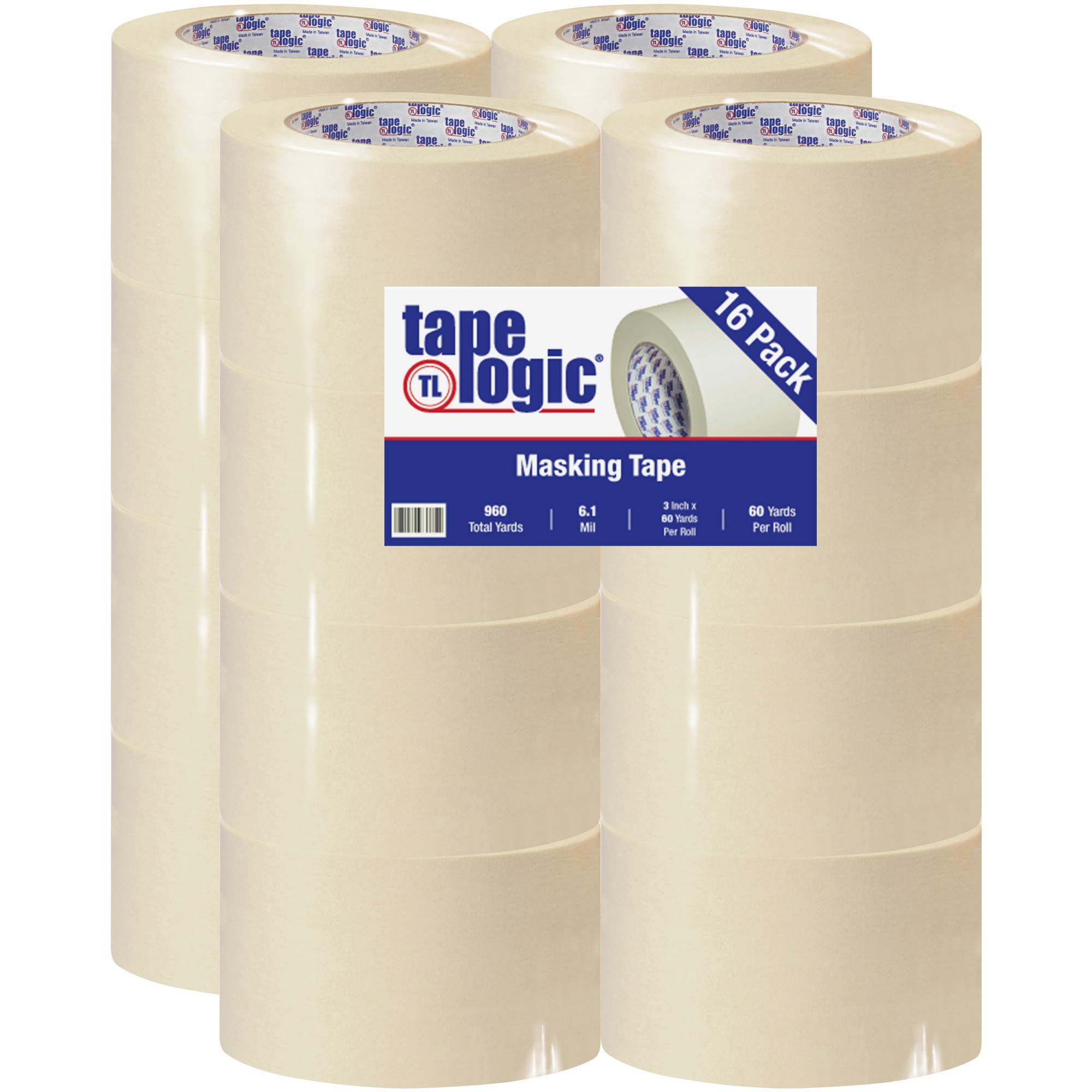 Tape Logic 2600 Professional Grade Masking Tape - 3 Inch x 60 Yards, Bulk Pack of 16, Natural Color - Removable, Easy Tear for Painting, Labeling, Construction & DIY Projects | Perfect for Home Improvement, Wall Protection & Crafting