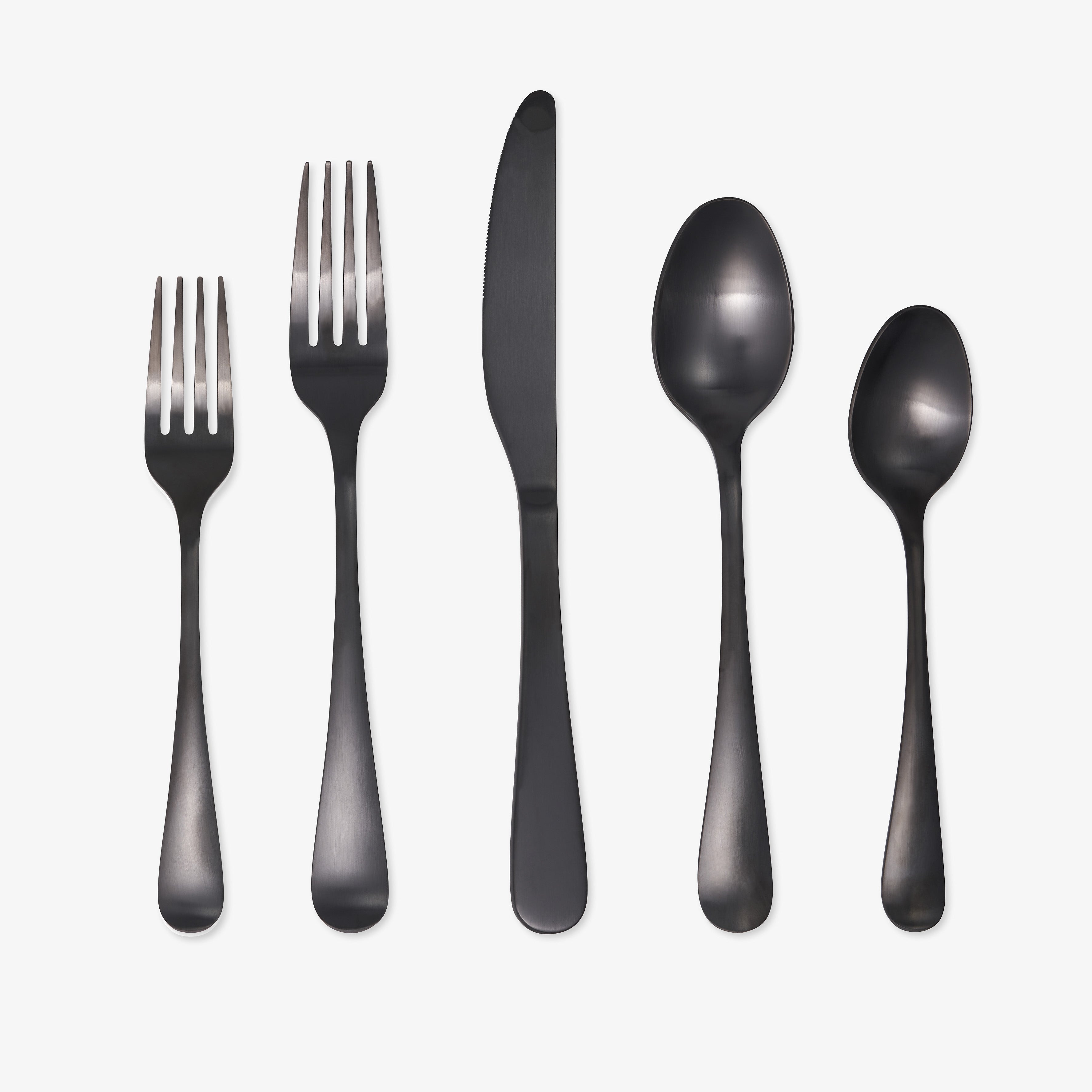 Rhiannon Black Satin 20-Piece Flatware Set - Stainless Steel Cutlery Set for 4, Modern Dinnerware for Everyday Use & Special Occasions