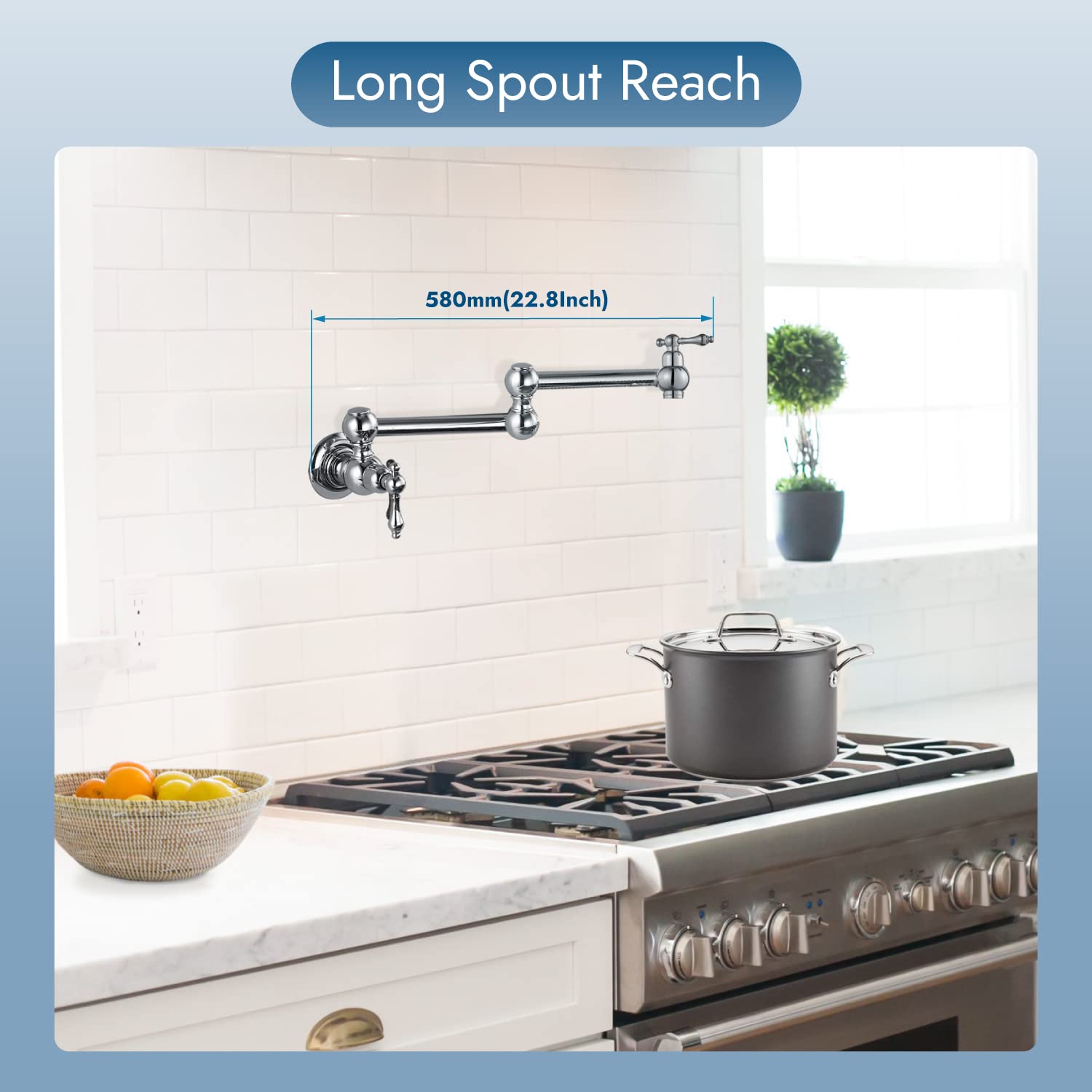 Polished Chrome Wall Mount Pot Filler Faucet - Stainless Steel Commercial Kitchen Sink Faucet with Double Joint Swing Arm & 2 Handles (1 Hole Installation) - Ideal for Restaurants, Home Kitchens & High-Traffic Cooking Areas