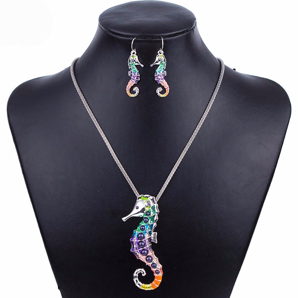 Vibrant Seahorse Jewelry Set - Necklace, Earrings & Bracelet - Perfect for Beach Parties, Summer Vacations & Boho Fashion