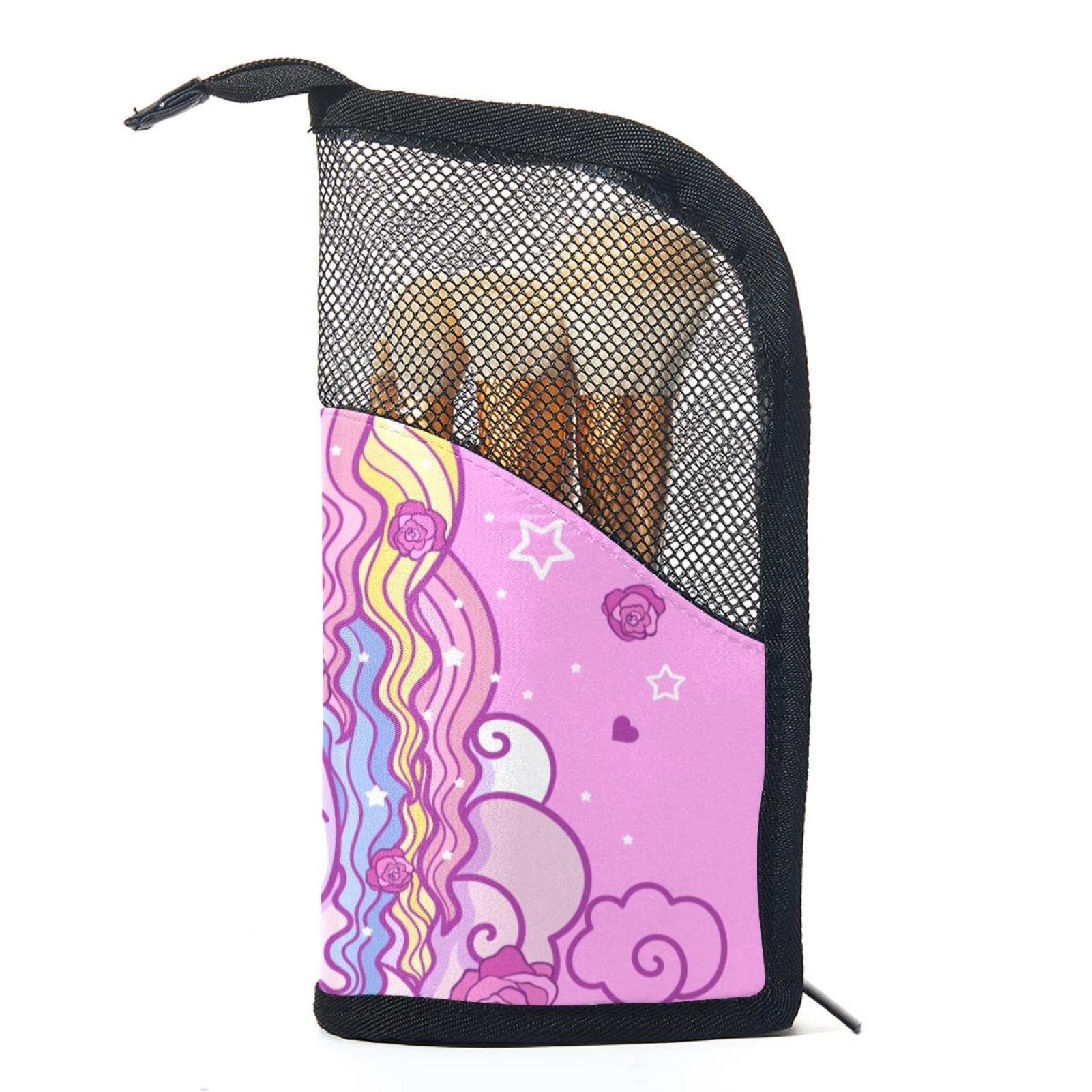 12-Piece Makeup Brush Organizer Bag - Dream Cartoon Unicorn Cloud Pink Portable Brush Holder Case for Travel & Home Storage