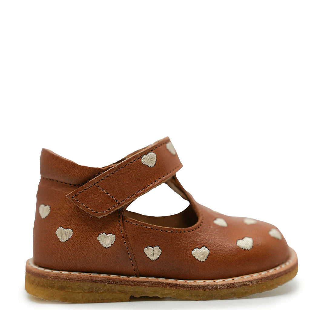 Angulus Cognac Heart T-Strap Baby Shoes - Soft Leather First Walkers for Boys & Girls - Perfect for Special Occasions & Photo Shoots