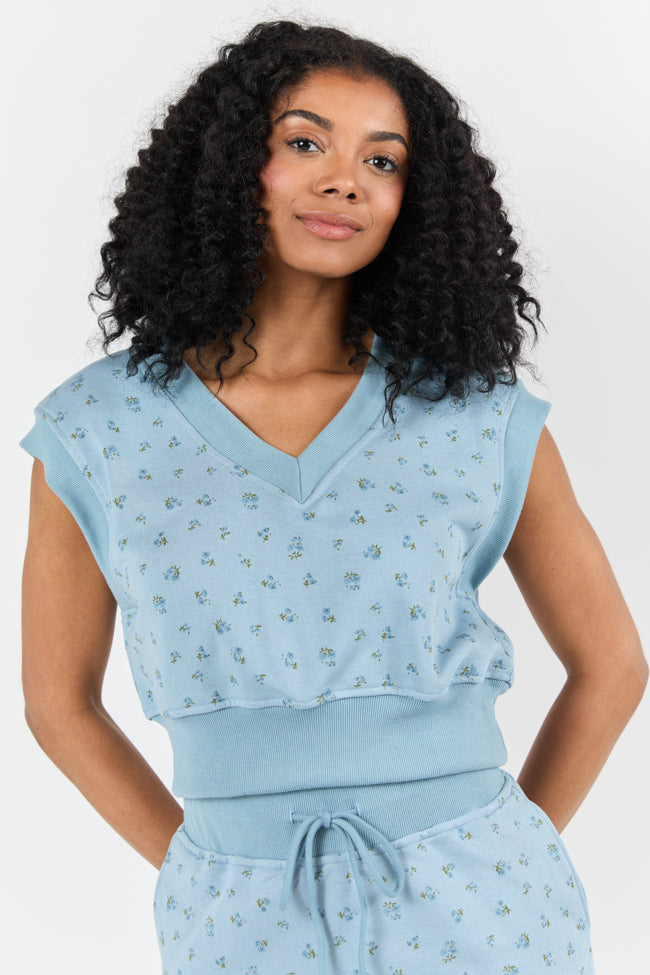 March On Blue Floral Print Knit Vest for Women - Lightweight Summer Cardigan, Casual Layering Piece for Office, Date Night & Spring Outfits