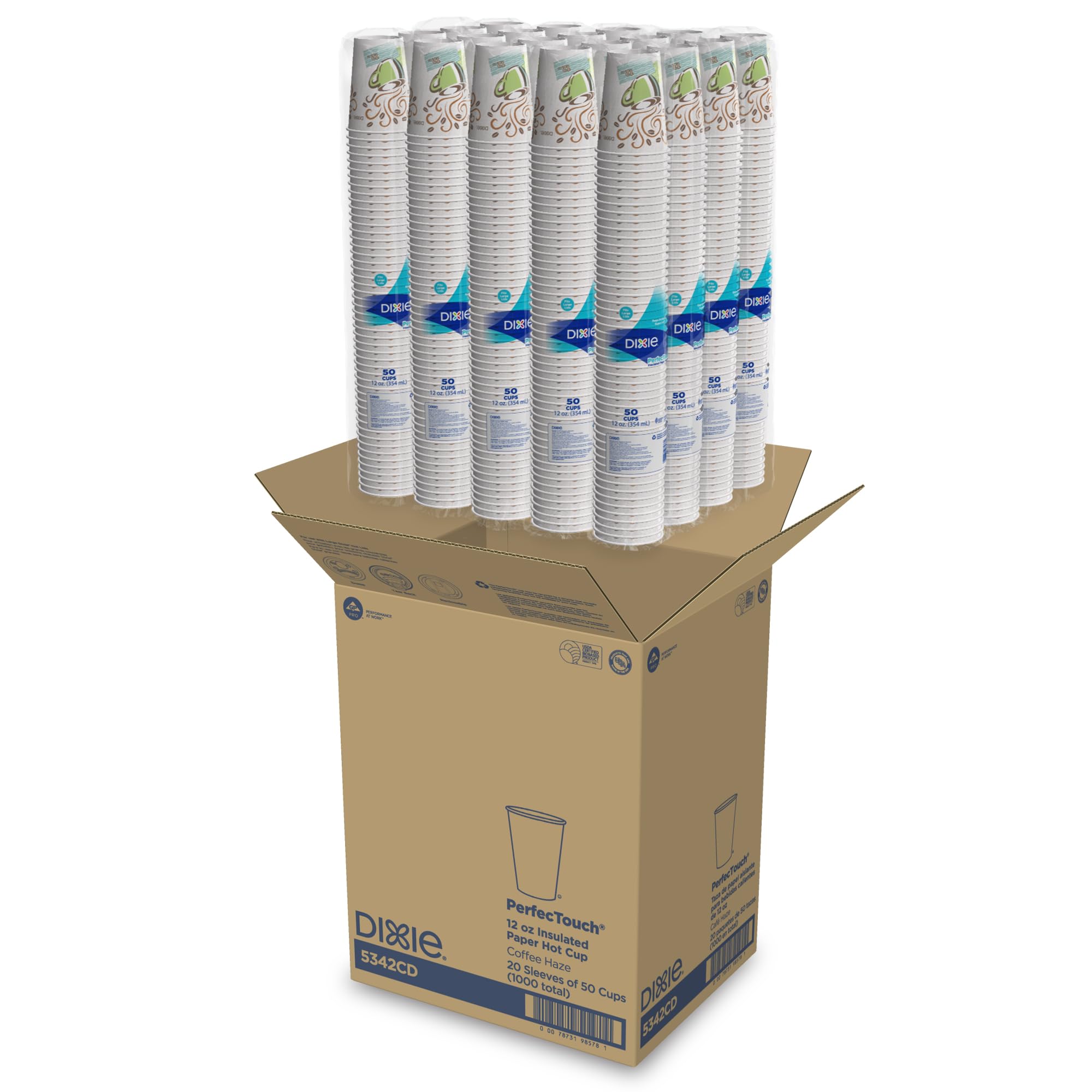 Dixie PerfecTouch 12oz Insulated Paper Hot Cups - 1000 Count (50 Cups/Pack, 20 Packs/Case) | Fits Large Lids | Coffee Haze Design | Premium Heat Retention | Perfect for Coffee Shops, Offices & Catering Events