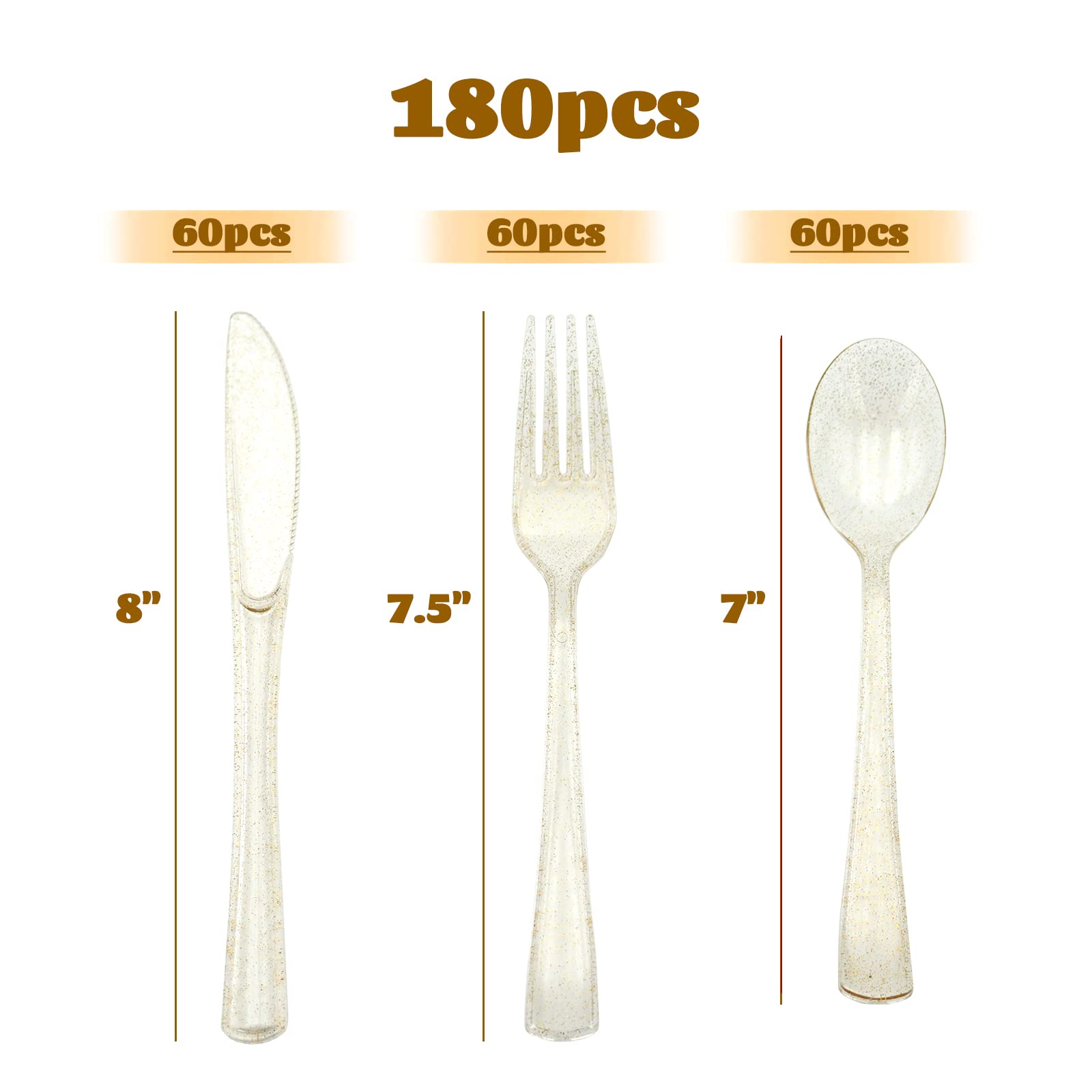 180-Piece Gold Plastic Silverware Set - Disposable Glitter Gold Cutlery (60 Forks, 60 Spoons, 60 Knives) - Elegant Party Utensils for Christmas, Weddings, Birthdays & Special Events