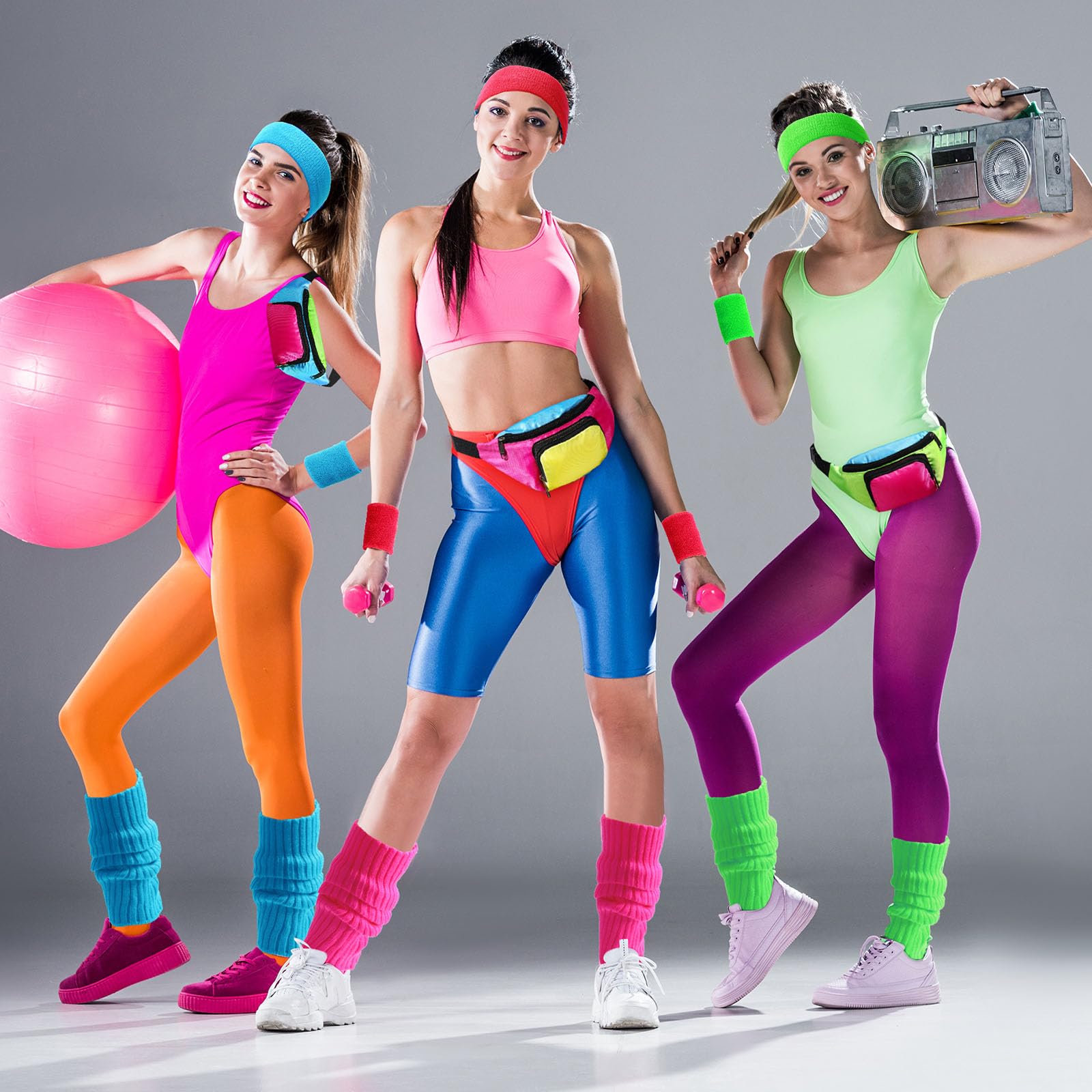 Xuniea 4-Piece 80s Workout Accessories Set for Women - Retro Fanny Pack, Neon Leg Warmers, Headband & Wristbands | 80s 90s Disco Party, Cosplay & Dance Costume Outfit