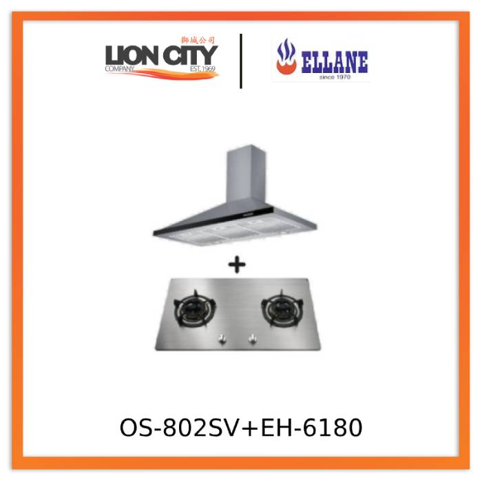 Ellane EH 6180 90cm Stainless Steel Chimney Range Hood with Ellane OS 802SV 86cm 2-Burner Stainless Steel Gas Cooktop - Professional Kitchen Ventilation System for Home Cooking & Baking