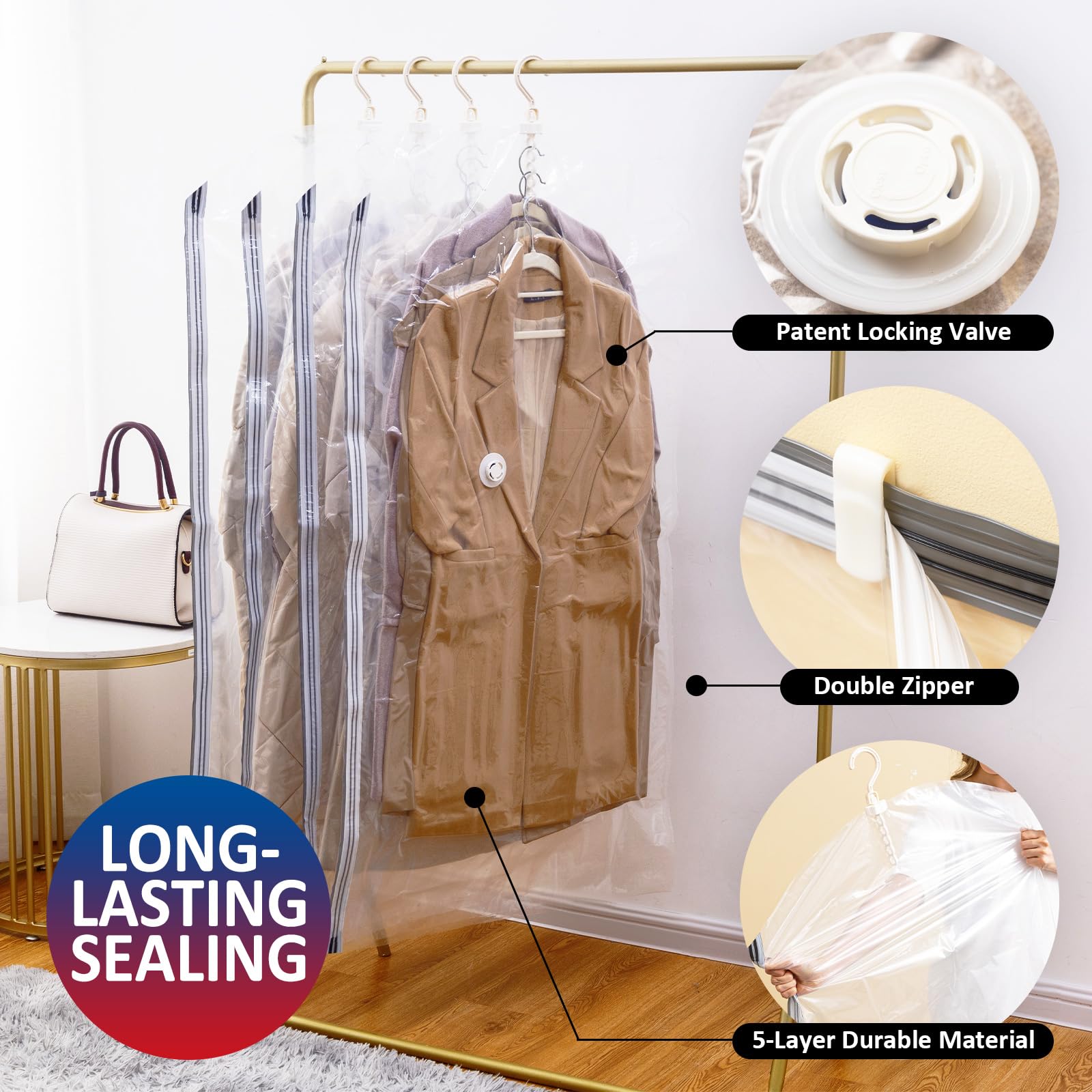 6 Pack Large Hanging Vacuum Storage Bags for Clothes - Space Saving Vacuum Seal Bags for Clothing, Suits, Dresses, Jackets - Closet Organizer & Moving Supplies (53.1x27.6 inches) - Perfect for Travel, Seasonal Storage & Home Organization