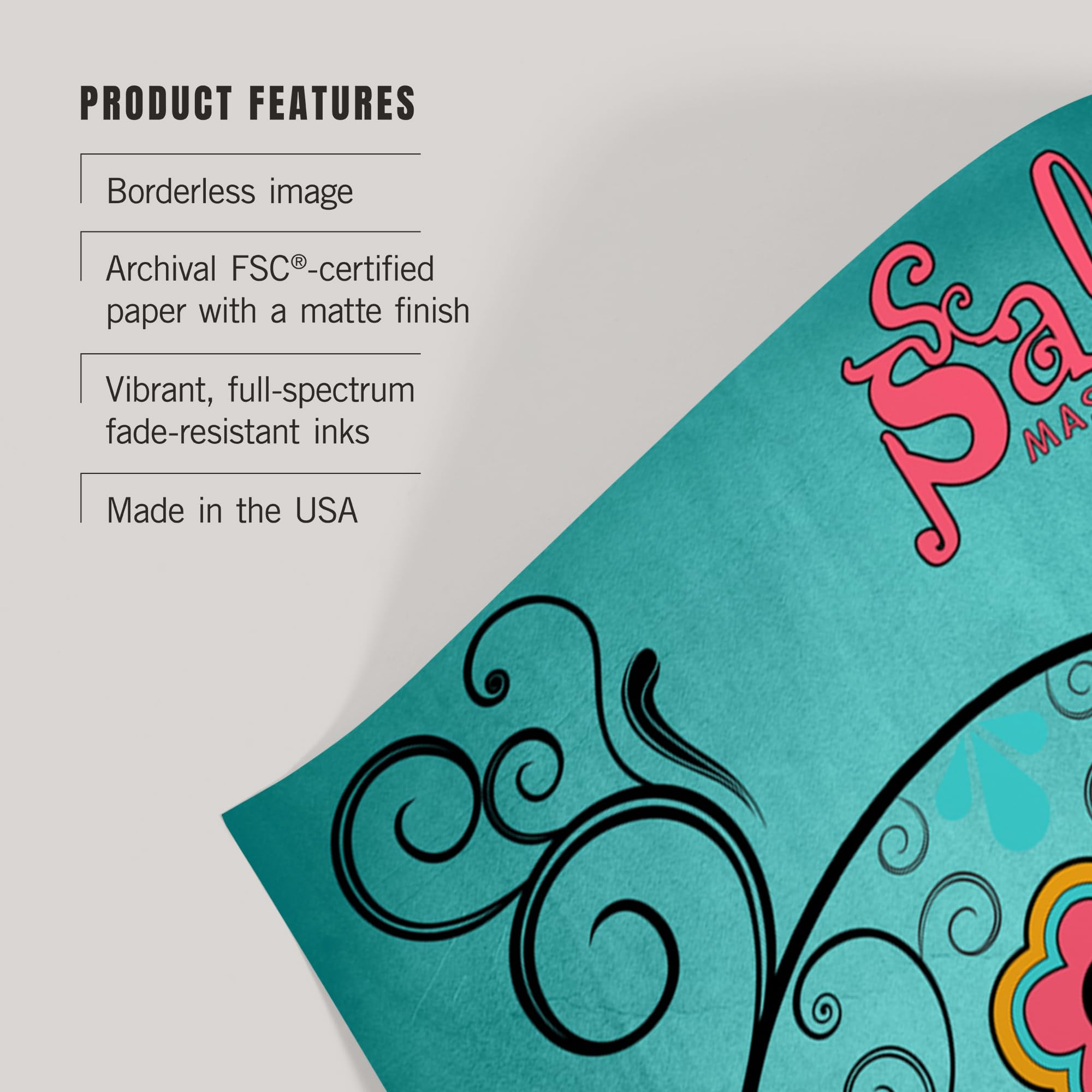 Lantern Press 16x24 Inch Giclee Art Print - Salem Massachusetts Sugar Skull Wall Decor with Aqua Blue Background | Perfect for Halloween, Dia de Los Muertos, Gothic Home Decor & Office Art