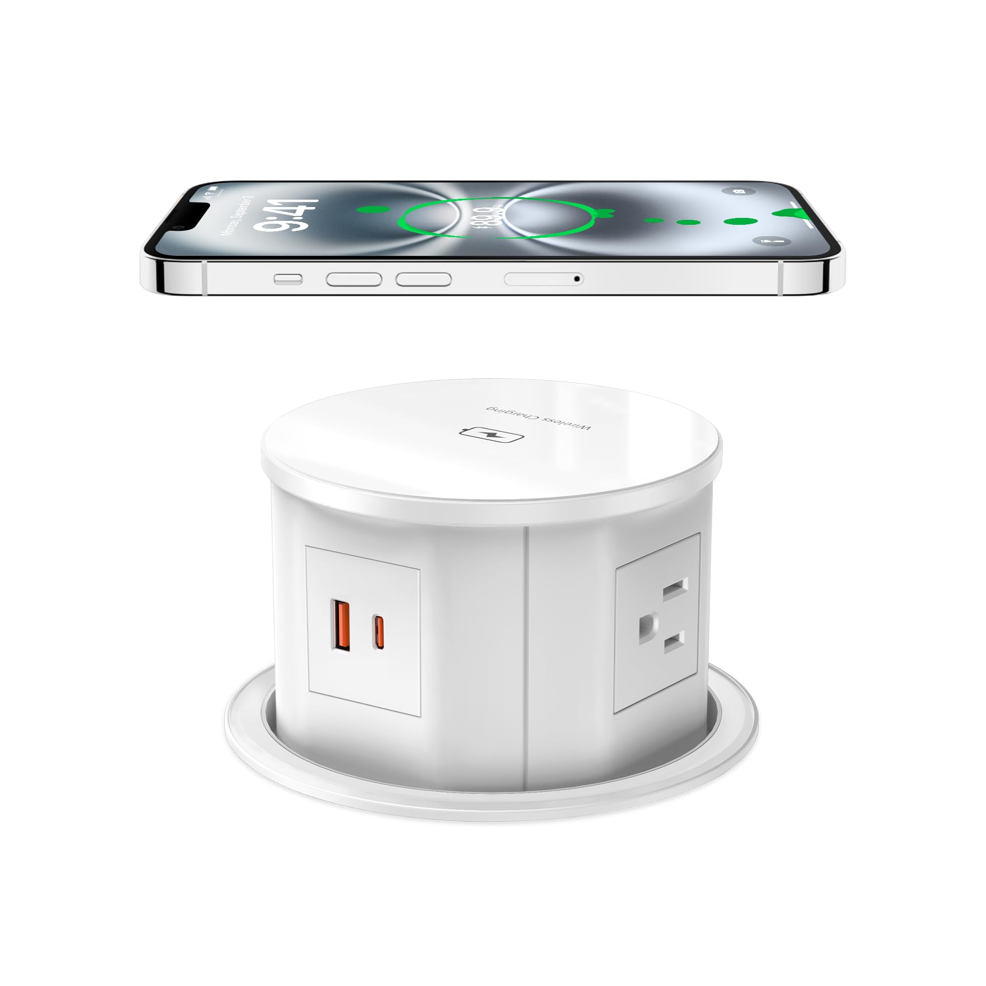 15W Wireless Charger Pop Up Outlet with 4 AC Outlets & 20W PD USB Fast Charging - 4.75 Inch Desk Power Grommet with 6FT Cord for Office, Conference Room, Kitchen, Home and Workspace Use