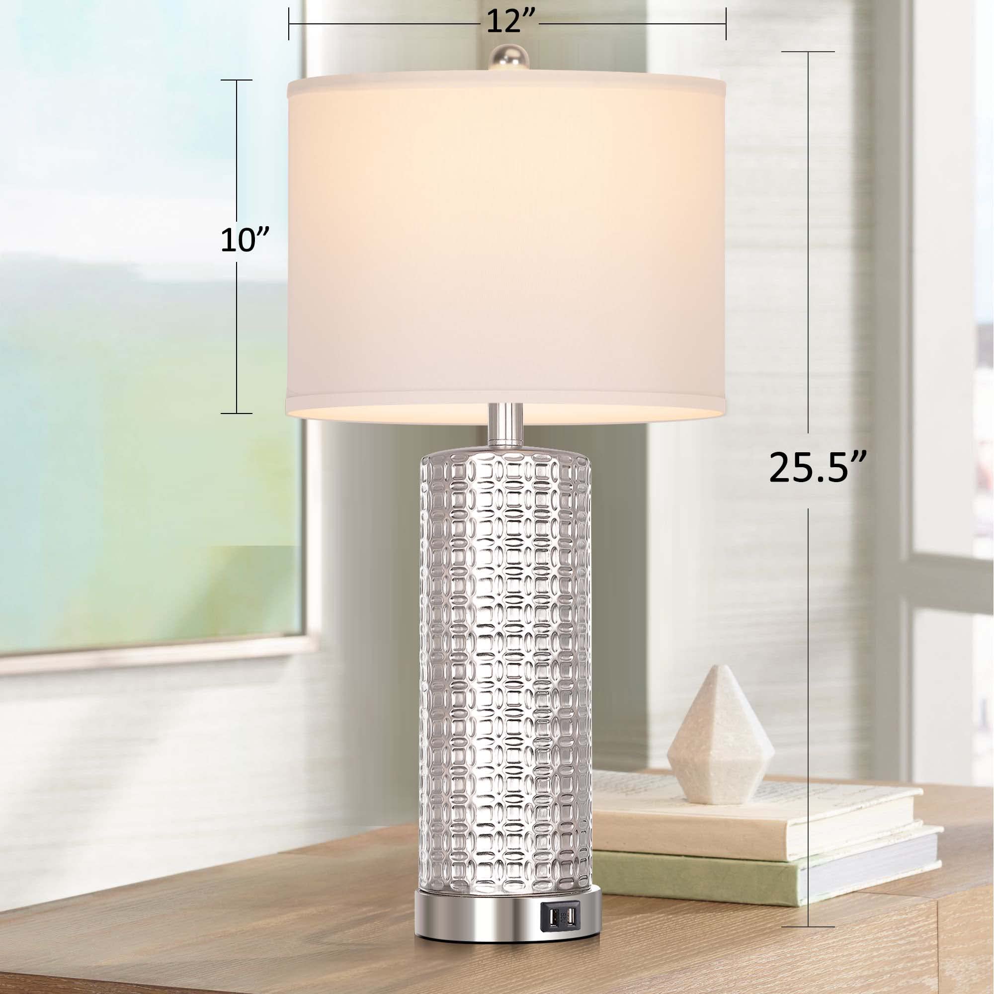 Modern Silver Table Lamps Set of 2 - USB Charging Bedside Lamps with 3-Way Dimmable Touch Control & White Drum Shade - Includes Bulbs - Perfect for Living Room, Bedroom, Office or Nursery Lighting