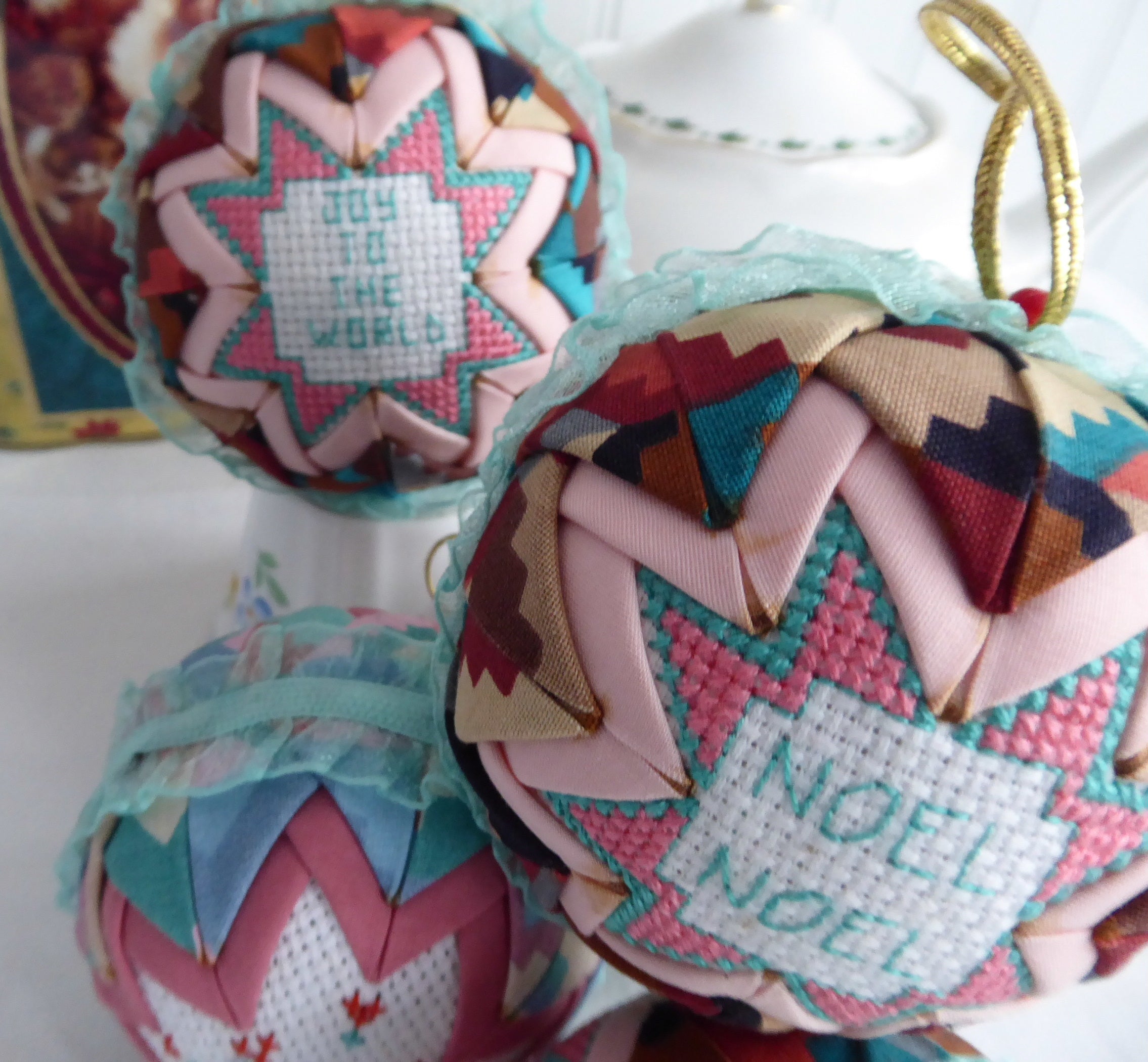 Handmade Cross Stitch Christmas Ornaments Set of 5 - Aqua, Salmon Pink & Burgundy Patchwork Decorations for Holiday Tree, Gift Giving & Festive Home Decor
