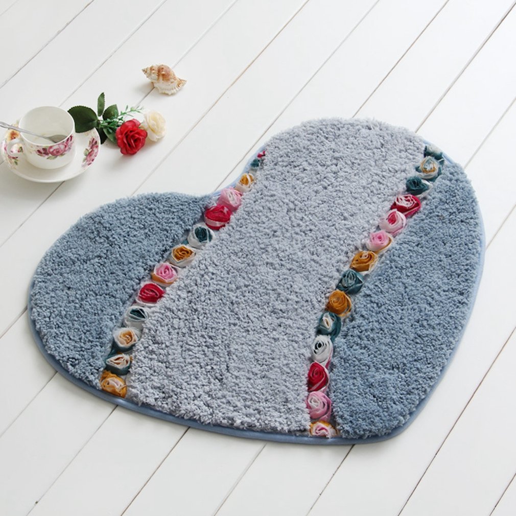 Soft Shaggy Microfiber Bath Rug - Non-Slip Rose Flower Heart Shaped Bath Mat for Tub & Shower - Machine Washable Indoor/Outdoor Bathroom Rug 18x20 Inches (Blue) - Perfect for Bathroom, Kitchen, and Entryway Decor
