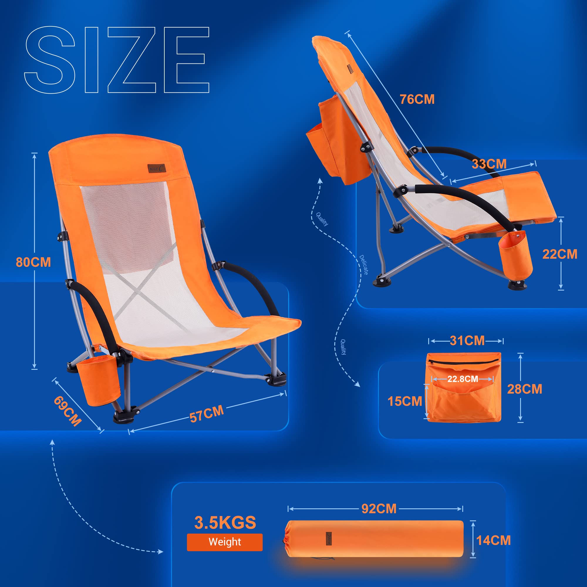 Premium 2-Pack High Back Beach Chairs for Adults with Cooler, Cup Holder & Carry Bag - Heavy Duty Portable Folding Chairs for Outdoor, Camping, BBQ, Travel, Picnic, Festival (Orange) - Perfect for Beach Relaxation, Backyard Lounging & Summer Adventures