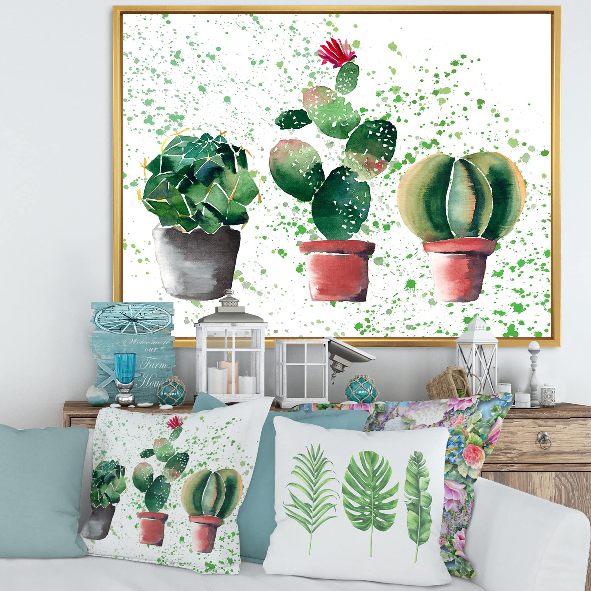 Three Cacti In Clay Pots - Traditional Framed Canvas Wall Art Print for Home & Office Decor | Desert-Themed Wall Decor | Perfect for Living Room, Bedroom or Workspace