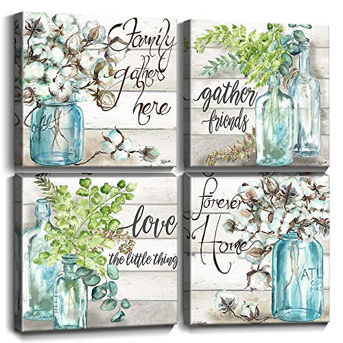 YOOOAHU Blue Floral Canvas Wall Art Set of 4 - 24x24 Inch Framed Watercolor Vase Paintings with Love Quotes, Modern Home Decor for Living Room, Bedroom & Bathroom | Perfect Gift for Housewarming & Wedding