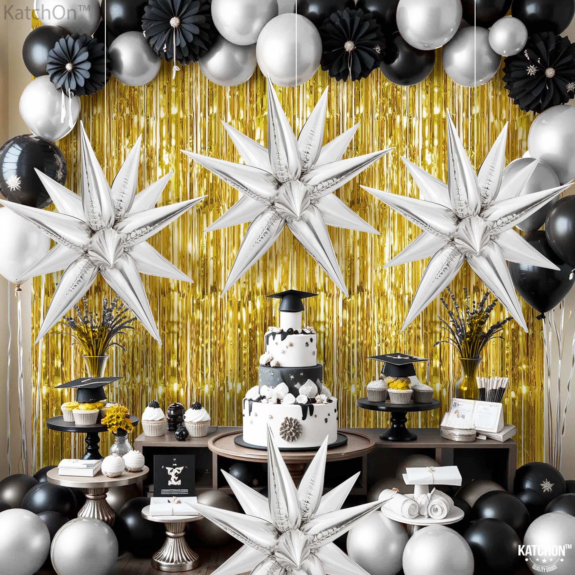 KatchOn 26 Inch Metallic Star Balloons - Pack of 50 Silver Foil Spikes for Graduation Party Decorations, Prom Decor, Class of 2025 Celebration - Perfect for Graduation Ceremonies, Prom Nights, Birthday Parties & Special Events