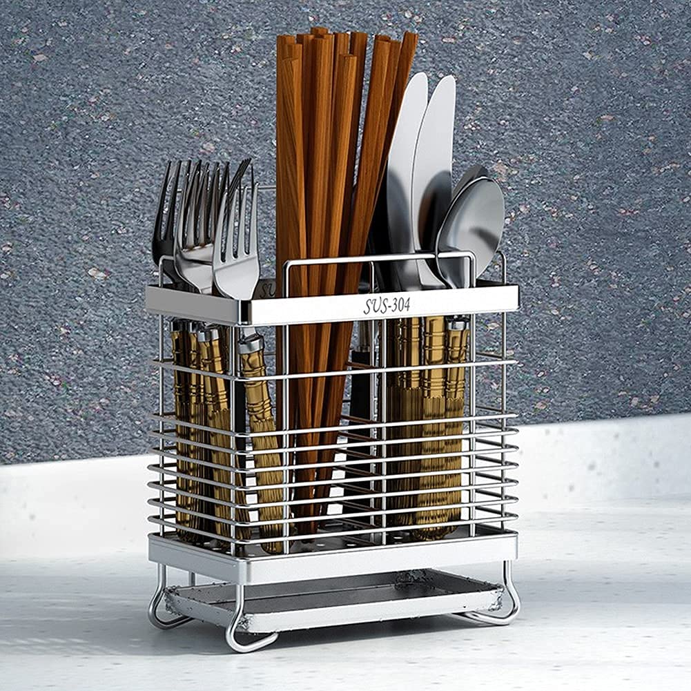 Premium 304 Stainless Steel 2-Tier Square Mesh Utensil Drying Rack - Chopsticks, Spoon, Fork & Knife Drainer Basket - Compact Flatware Storage Organizer for Kitchen Countertop, Dish Rack & Drip Tray