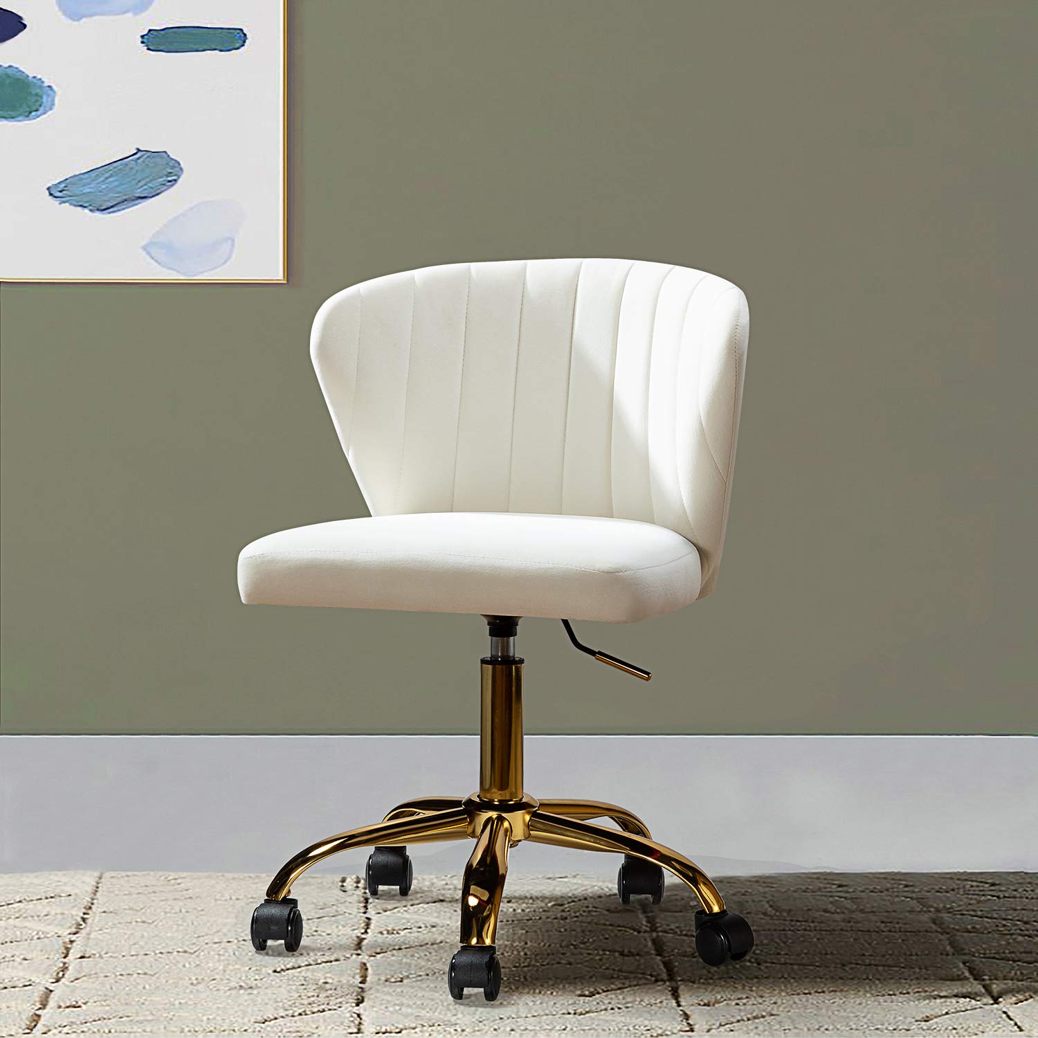 TINA'S HOME Modern Velvet Office Chair with Wheels & Gold Base - Adjustable Low Back Swivel Rolling Task Chair, Armless Upholstered Desk Chair for Home Office, Living Room, Vanity or Study - Ivory