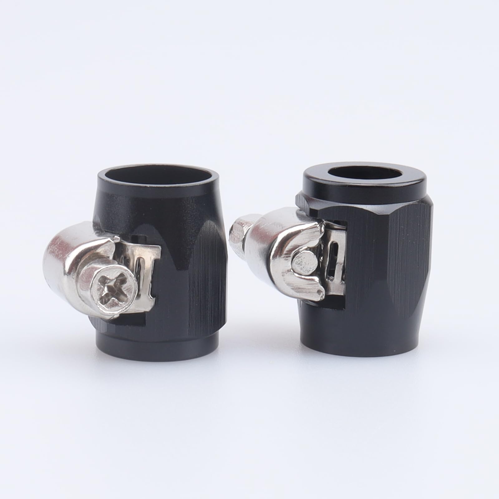 4 AN Aluminum Hex Hose Finisher Clamp with Screw Band - Fuel Line, Diesel, Gas, Air, Water & Oil Hose Fitting - Heavy Duty Black Clamps (Pack of 2) - Ideal for Automotive, Marine & Industrial Applications