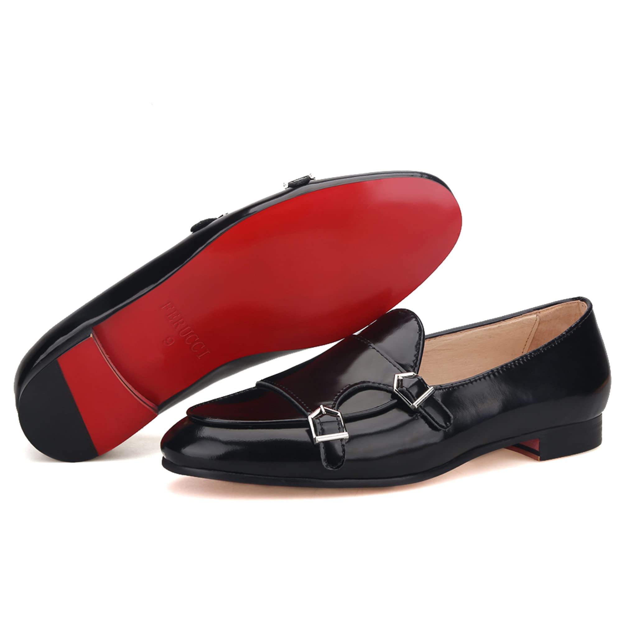 FERUCCI Men's Black Leather Double Monk Strap Loafers - Comfortable Dress Shoes for Wedding, Prom, Business & Formal Occasions