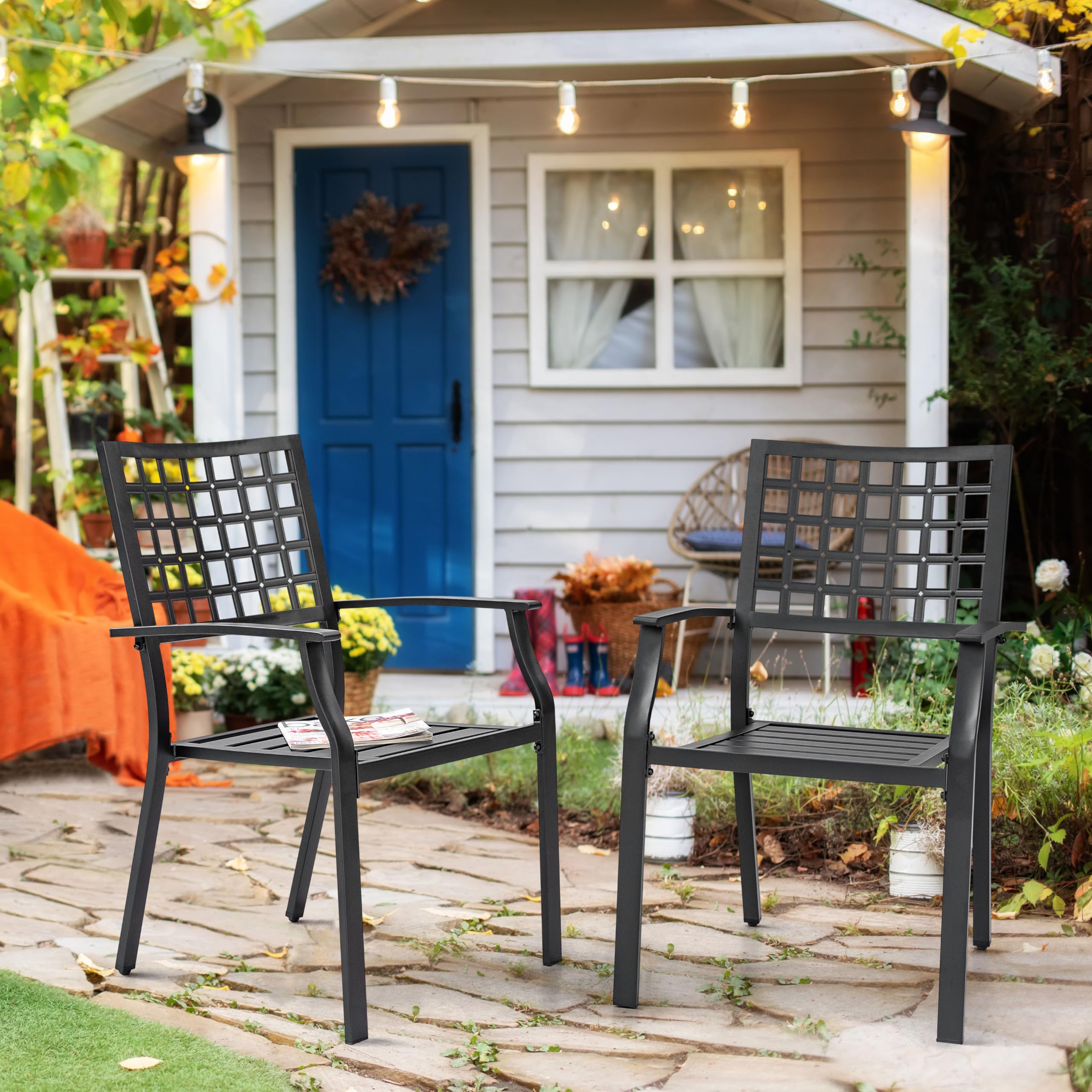 NUU GARDEN Patio Dining Chairs Set of 2 - 300Lbs Capacity Stackable Outdoor Metal Chairs with Armrests - Wrought Iron Patio Furniture for Backyard, Lawn, Deck, Poolside, Porch, Bistro - Perfect for Outdoor Dining, Relaxing & Entertaining - Black