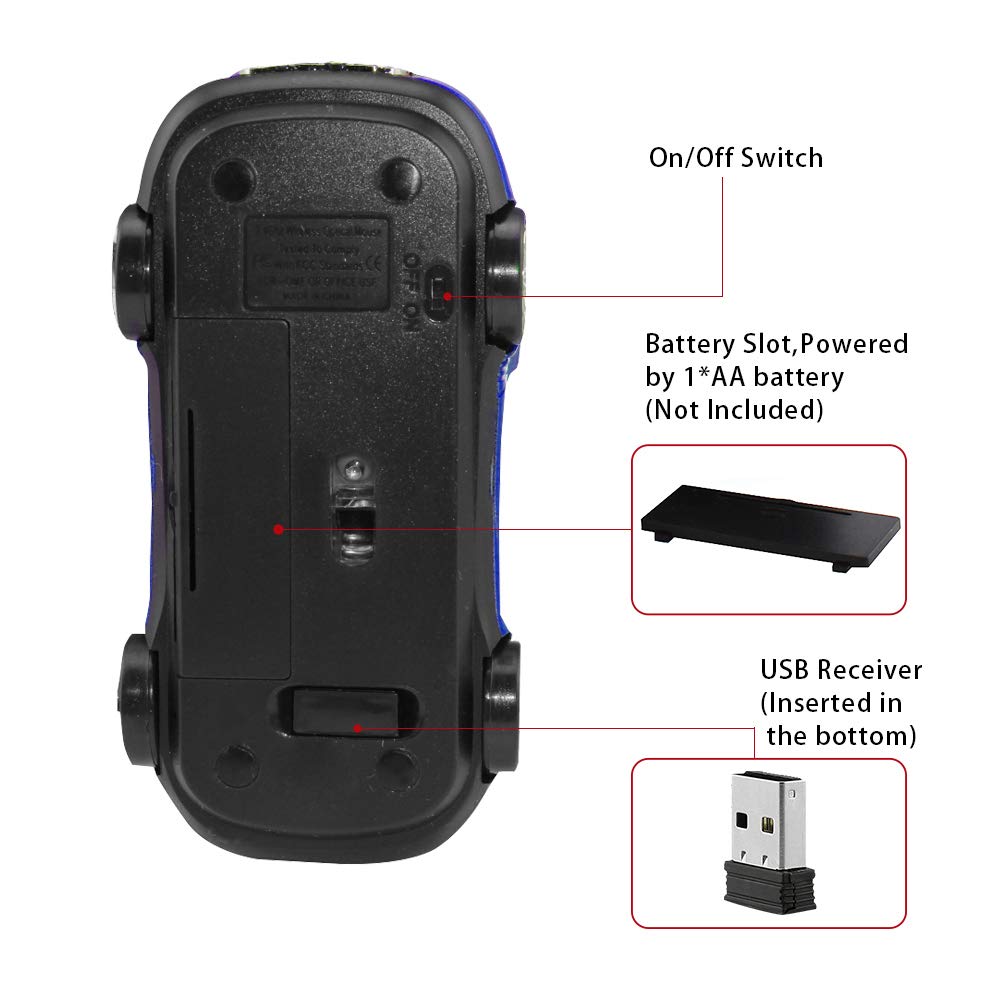 Wireless Sports Car Mouse - Optical PC & Laptop Mouse - Portable Mini Gaming Mouse (Blue) - Perfect for Office Work, Gaming & Travel