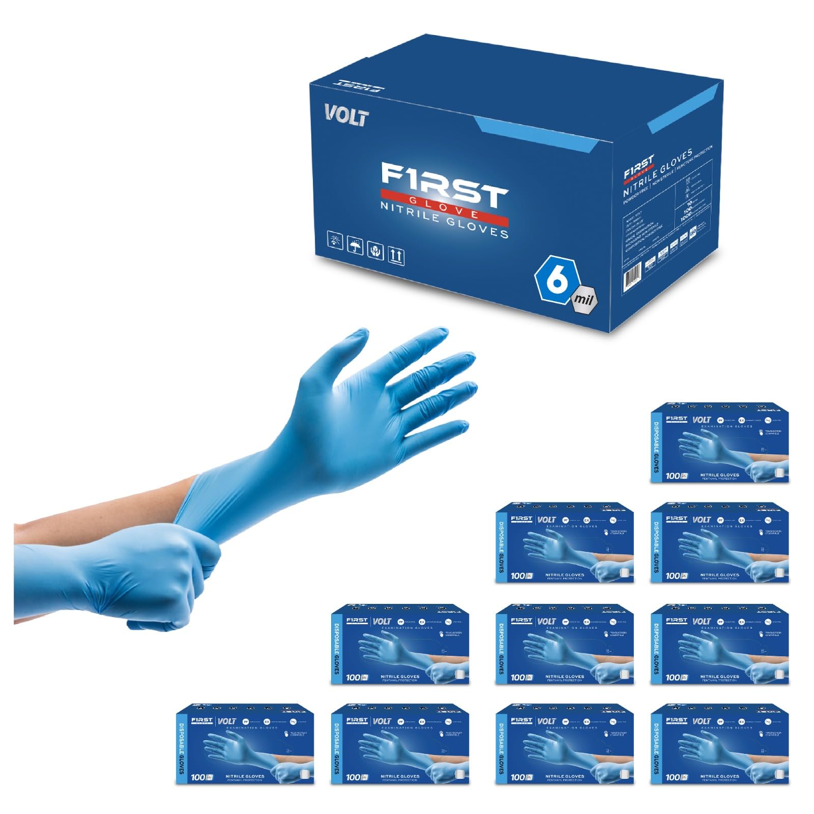 Volt Large 1000 Count 6 Mil Blue Nitrile Disposable Gloves - Food Safe, Latex Free, Textured Grip for Cleaning, Medical Use & Food Handling | Bulk Pack for Home, Kitchen, Healthcare & Industrial Use