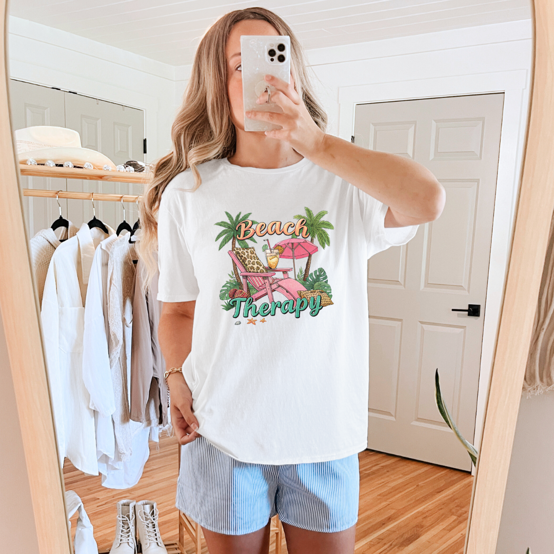 Beach Therapy Graphic Tee - Soft Cotton Vintage Style T-Shirt for Women & Men - Perfect for Summer Vacation, Beach Trips & Casual Outings