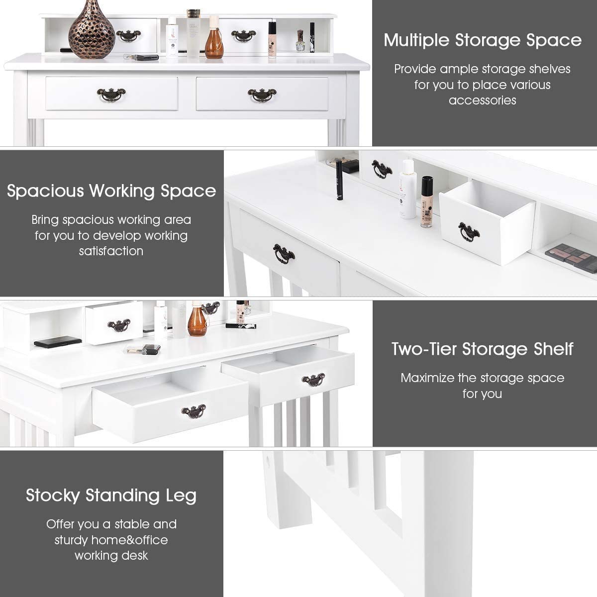 LDAILY Mocha Writing Desk with 4 Drawers - Solid Pine Wood Legs, Makeup Vanity Dressing Table with 2-Tier Hutch, Removable Floating Organizer Console Table - Home Office Computer Desk, Spacious Workstation in White for Study, Bedroom & Small Spaces