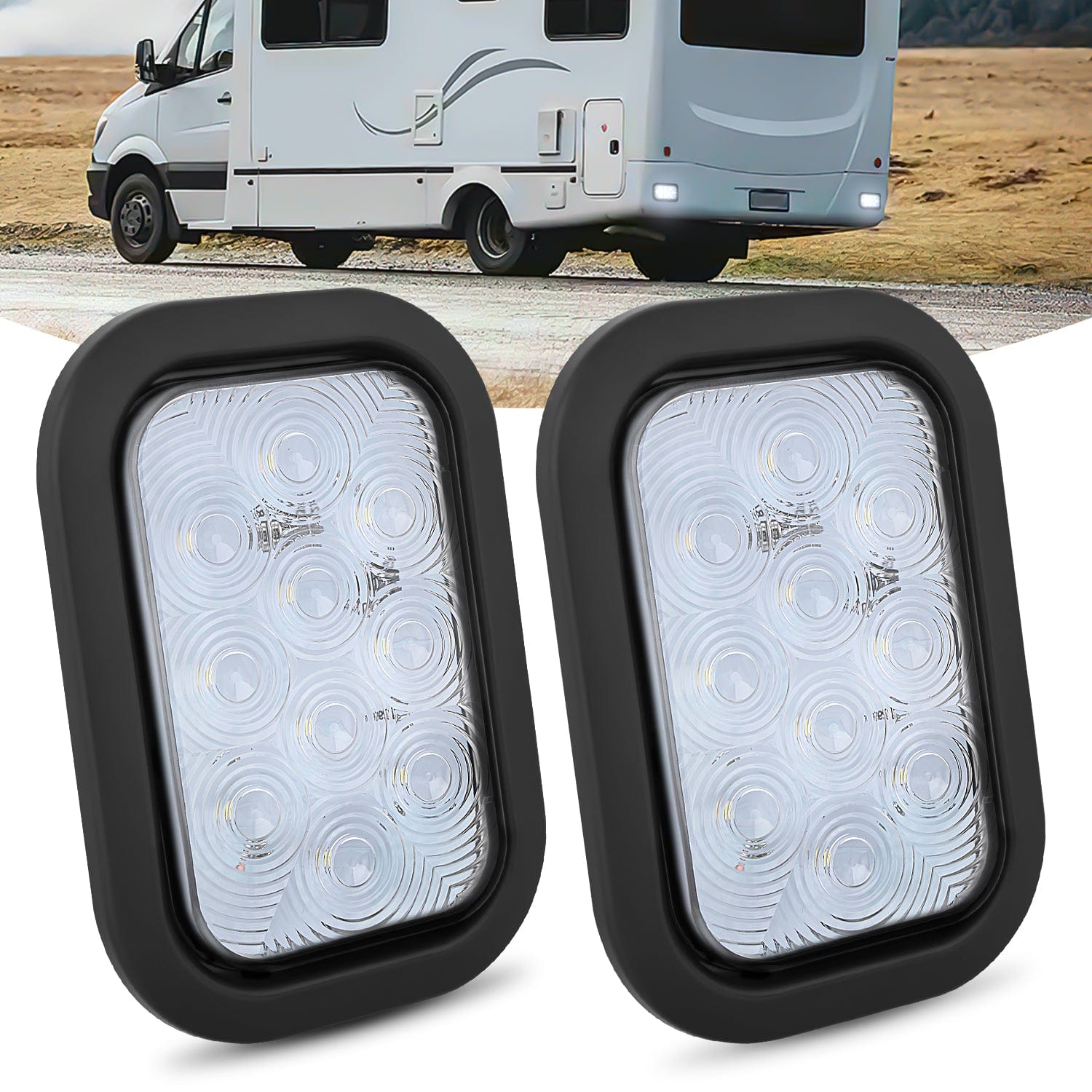 2 Pack 5x3 Inch 10 LED White Rectangular Trailer Tail Lights - Waterproof Stop Turn Signal Lights for Trucks, Trailers, RVs & Boats - Perfect for Night Driving & Road Safety