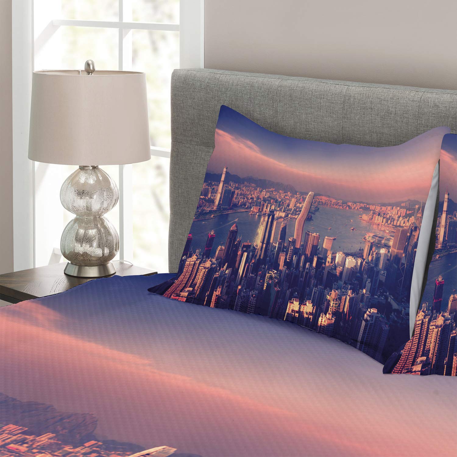 Ambesonne Hong Kong City Skyline Bedspread Set - Queen Size 3-Piece Bedding with Victoria Harbor Urban Scene in Pale Pink & Night Blue - Perfect for Home Decor, Guest Room, and Coastal Themed Bedrooms