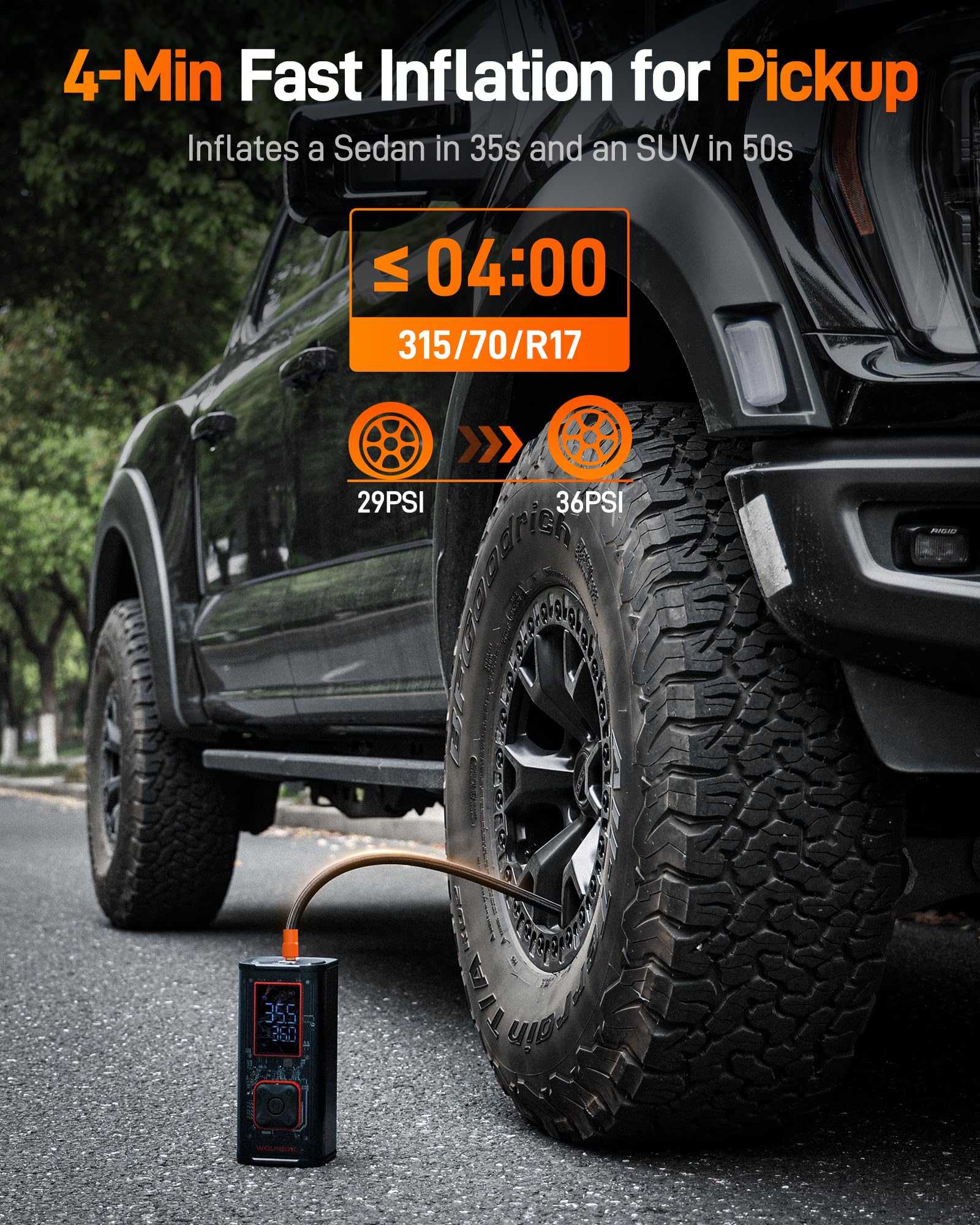 WOLFBOX 12000mAh & 150PSI Heavy Duty Portable Tire Inflator Air Compressor - Dual Cylinder 58LPM Fast Pump for Car Tires, Bikes, Pickup Trucks | 3.5'' LED Display & 20'' Hose | Emergency Roadside Assistance, Camping, Home Garage Use
