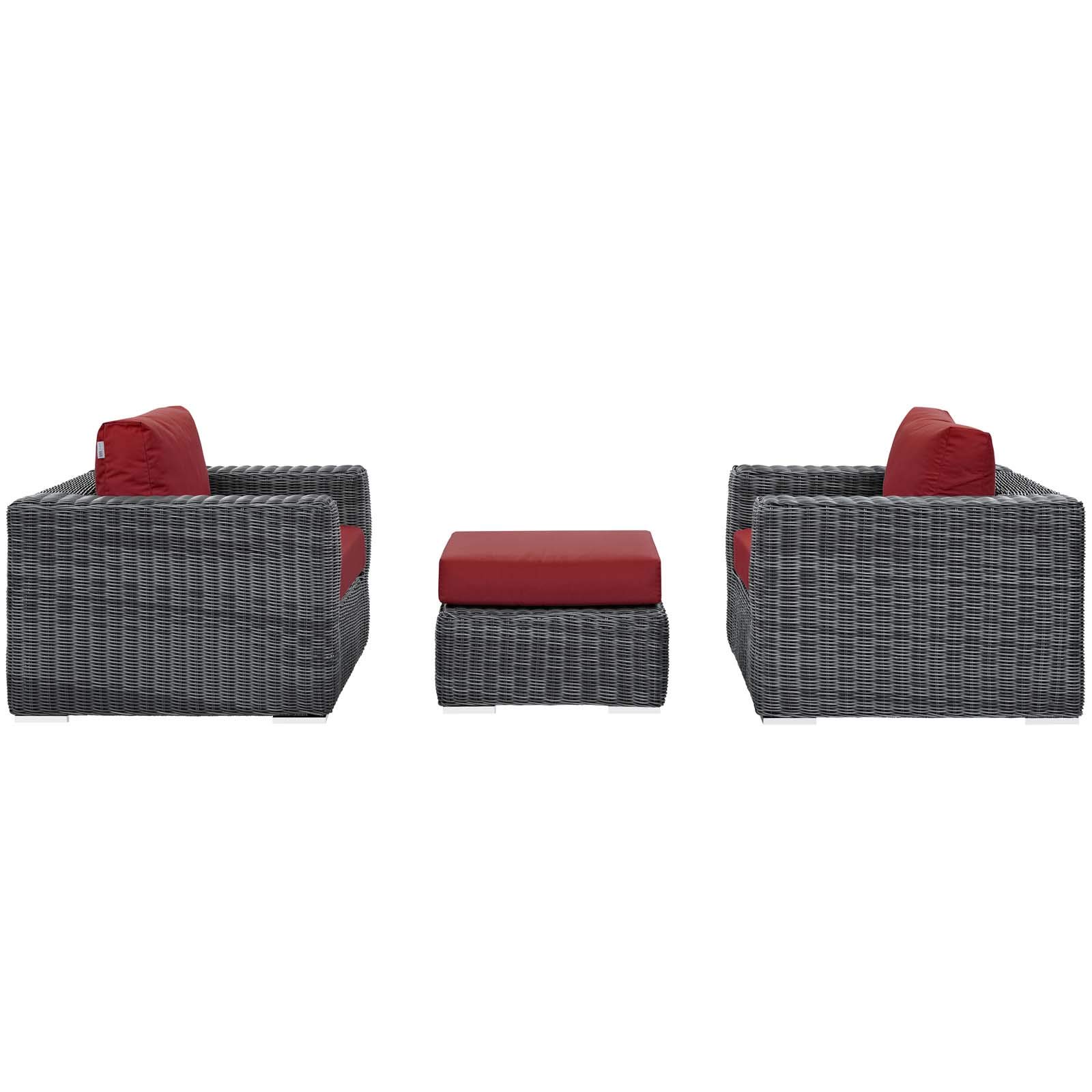 Modern Contemporary Outdoor Patio Lounge Sectional Sofa Set - Waterproof Rattan Wicker Furniture - Grey & Red Cushions - Perfect for Backyard, Poolside & Garden Relaxation