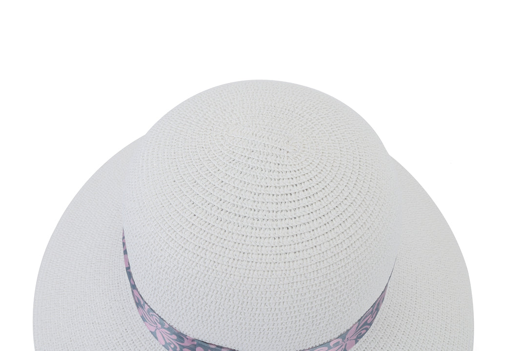 Elegant White Tapa Tiare Hat with Pink and Grey Orchid Design - Perfect for Beach Vacations, Garden Parties & Summer Outfits