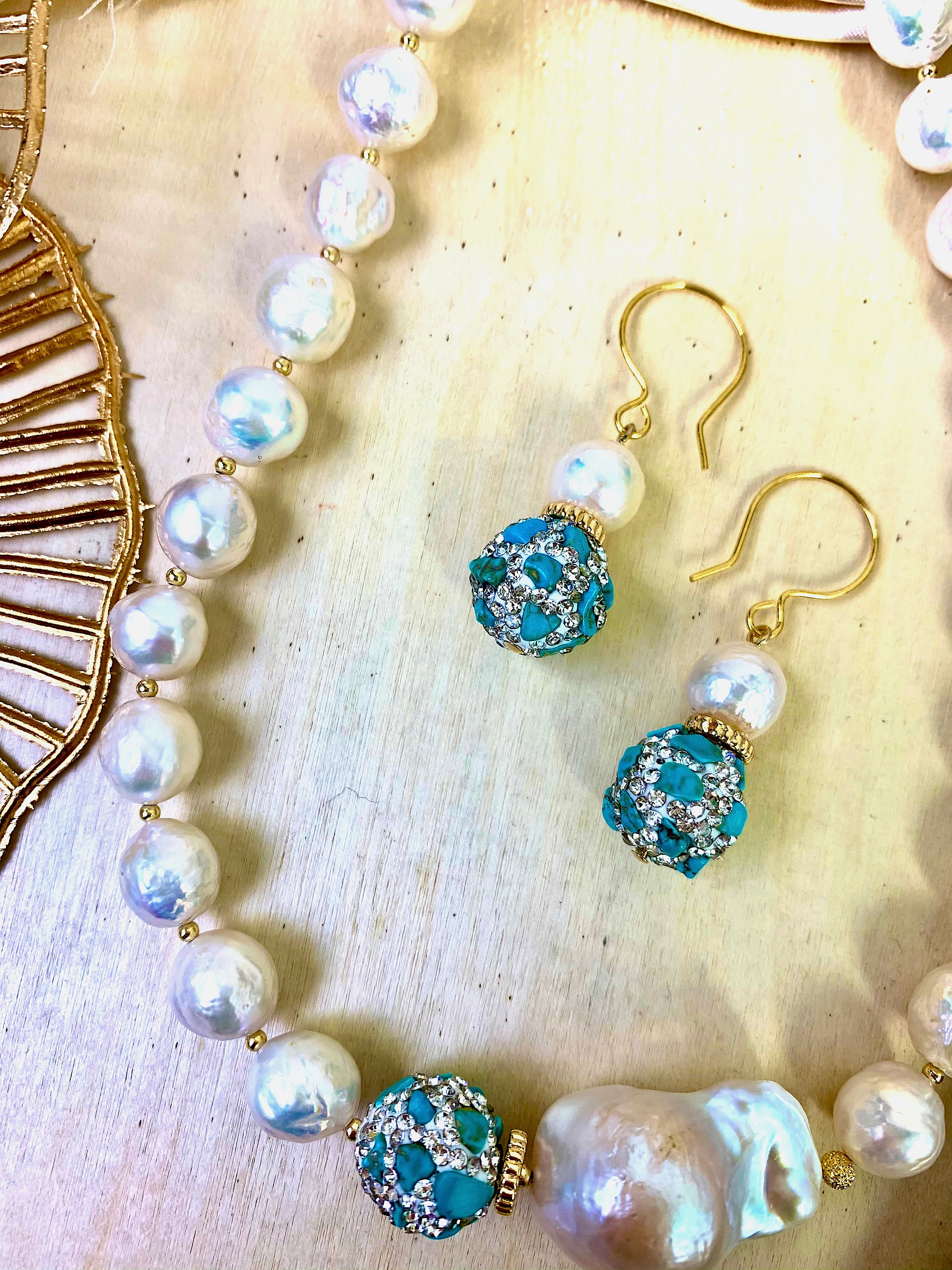 Elegant Freshwater Pearl & Rhinestone Turquoise Dangle Earrings EE007 - Perfect for Weddings, Parties & Special Occasions
