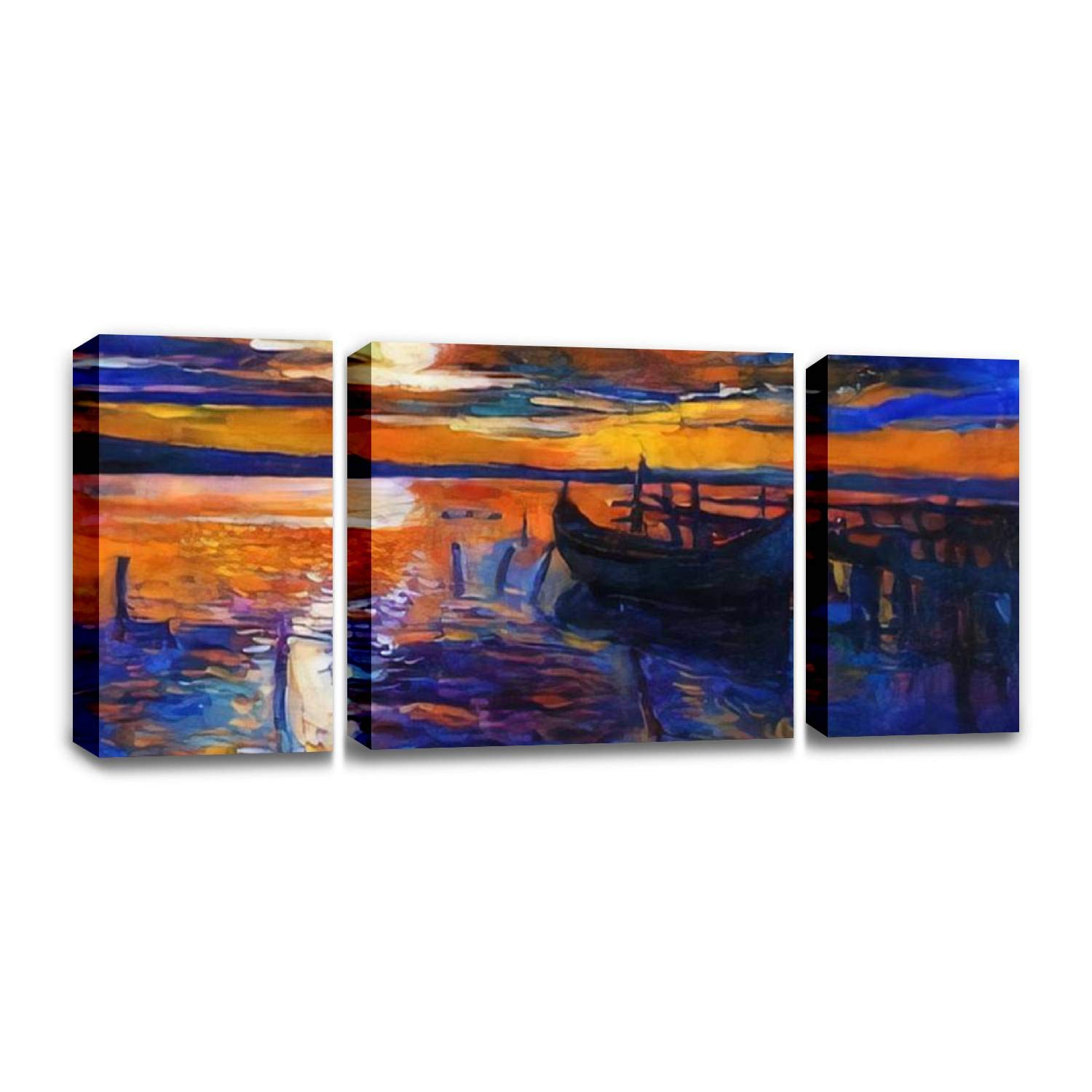 CCArtist Original Oil Painting - Sunset Boats and Jetty Pier on Canvas - Modern Wall Art Decor for Living Room, Bedroom & Office - Handmade Landscape Painting for Home & Office Decoration