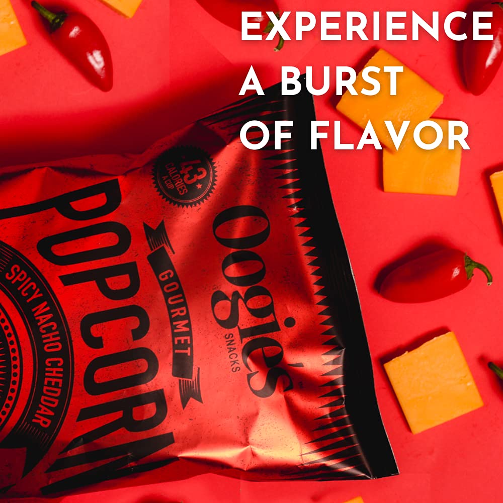 Oogie's Gourmet Popcorn - 4 Pack Spicy Nacho Cheddar Flavor | Gluten Free, Non-GMO Popcorn Snacks | 4.25oz Big Bags | Perfect for Movie Nights, Parties & Office Snacking
