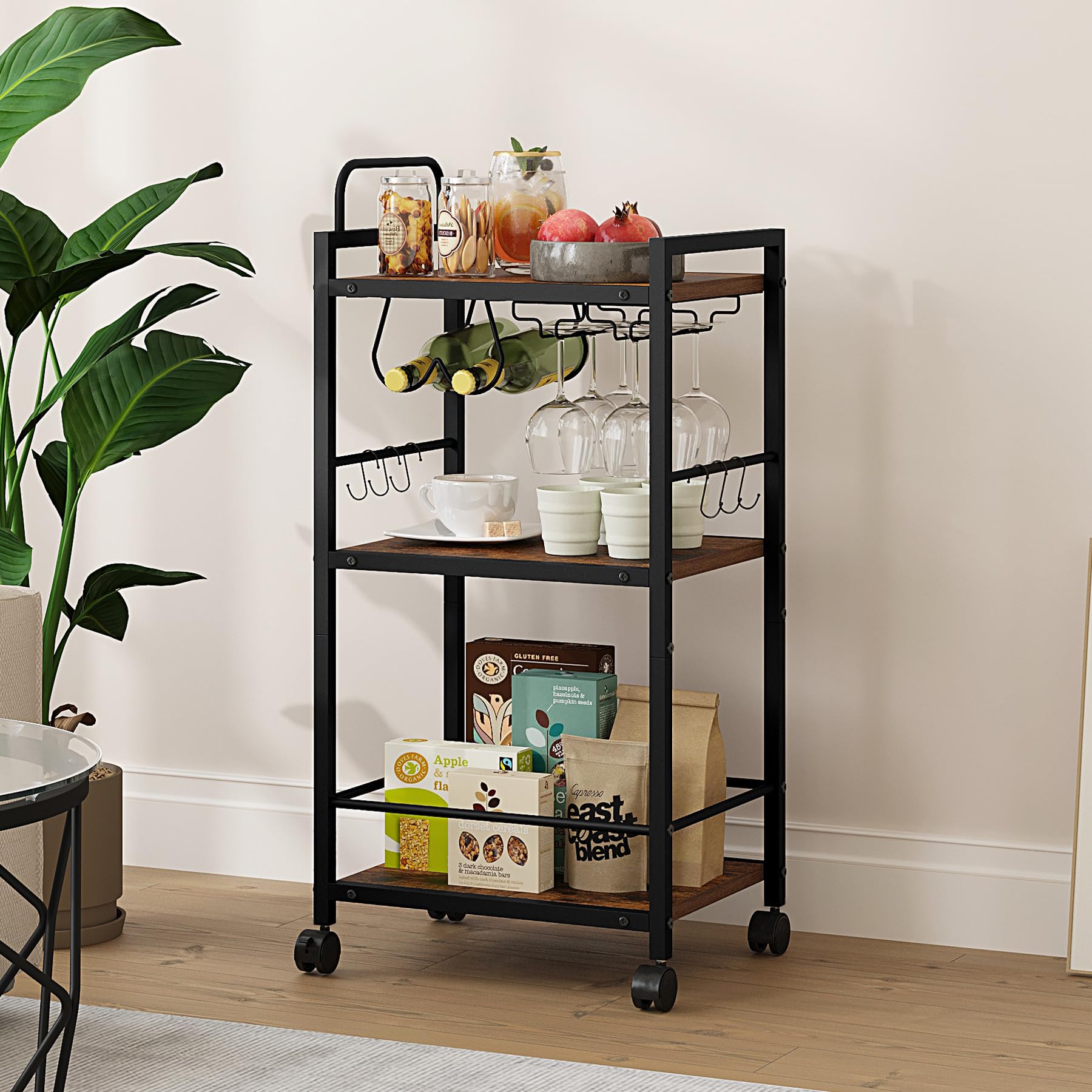 3-Tier Rolling Bar Cart with Wheels & Glass Holders - Rustic Brown Kitchen Cart, Wine Rack for Dining Room, Living Room - 13