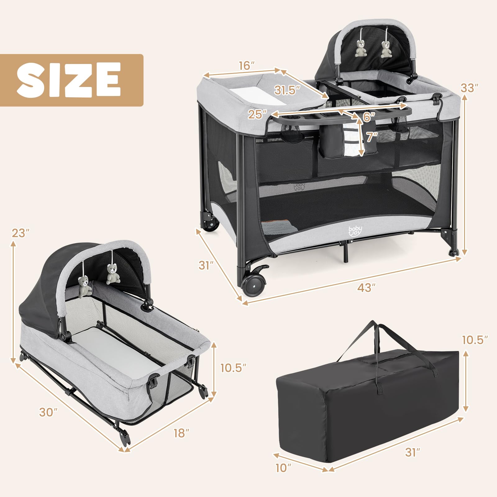 BABY JOY 4-in-1 Portable Baby Playard with Bassinet, Diaper Changing Table & Activity Center - Foldable Playpen with Toys & Storage Bag for Newborn to Toddlers (Dark Classic) | Perfect for Nursery, Travel & Indoor Outdoor Play