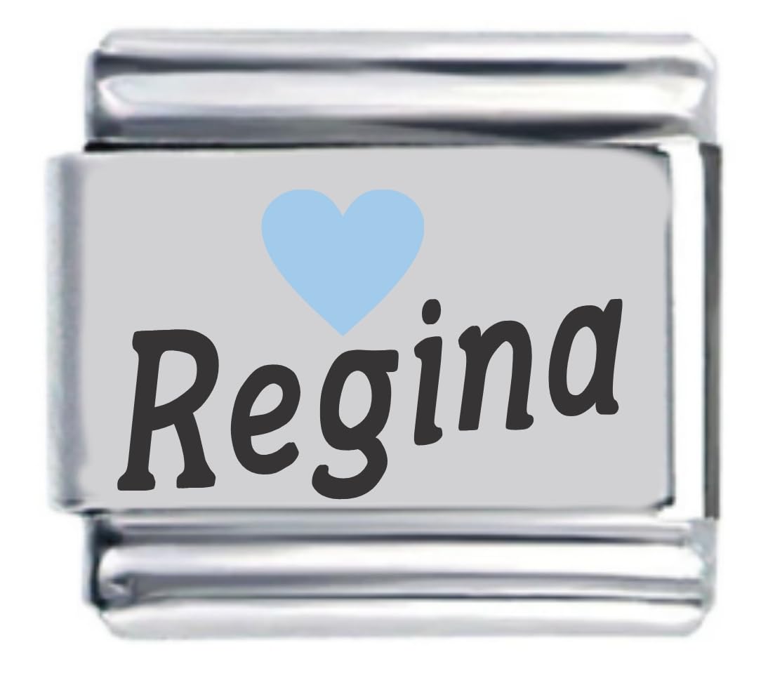 Regina Light Blue Heart Laser Name Italian Charm Link Bracelet - Personalized Name Jewelry for Women, Girls - Perfect for Gifts, Birthdays, Anniversaries & Special Occasions
