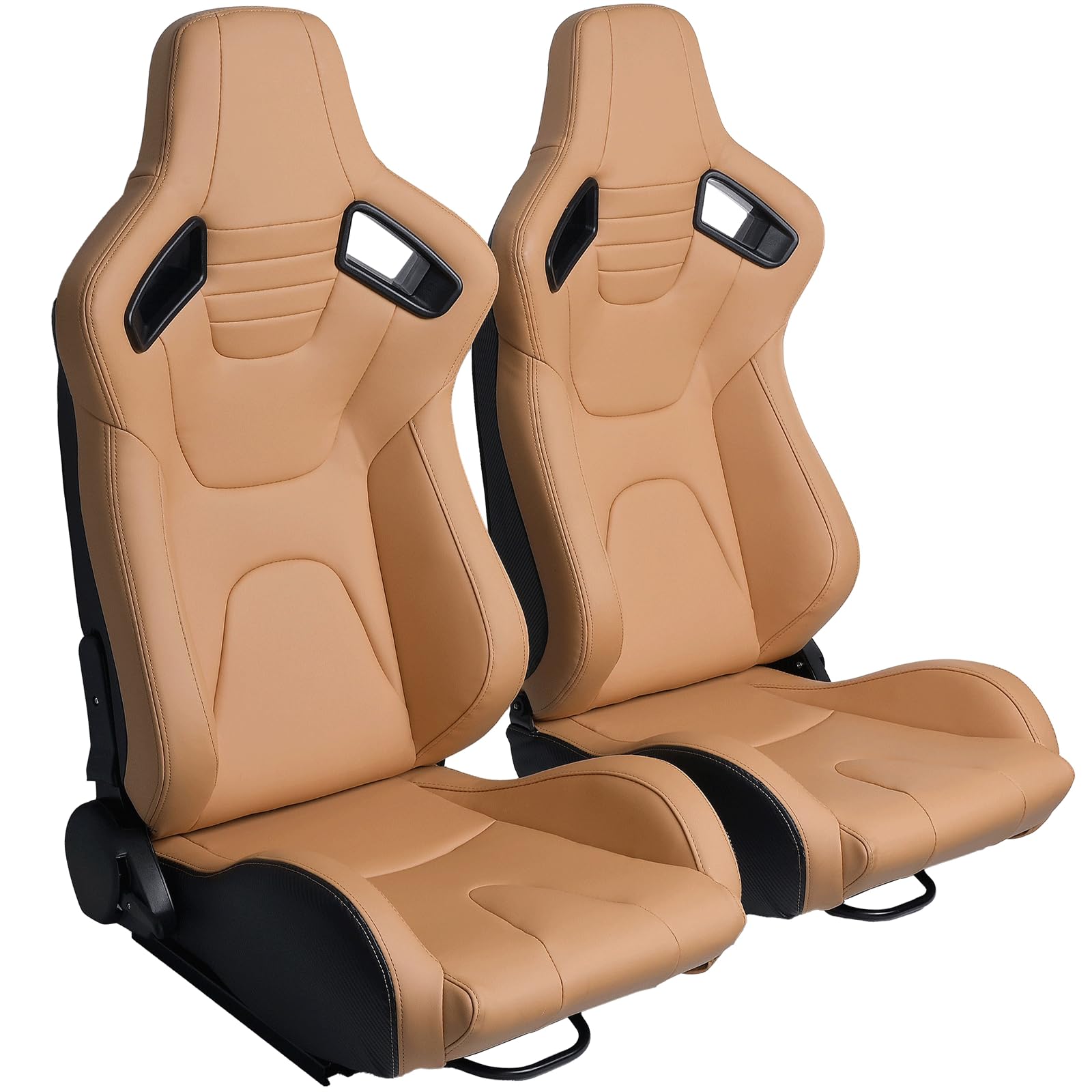 2 Pack Racing Seats - PVC Leather Universal Bucket Seats with Dual Lock Sliders for Front-Back Adjustment - Automotive Racing Seats for Cars (Tan) - Perfect for Racing Enthusiasts & Car Upgrades