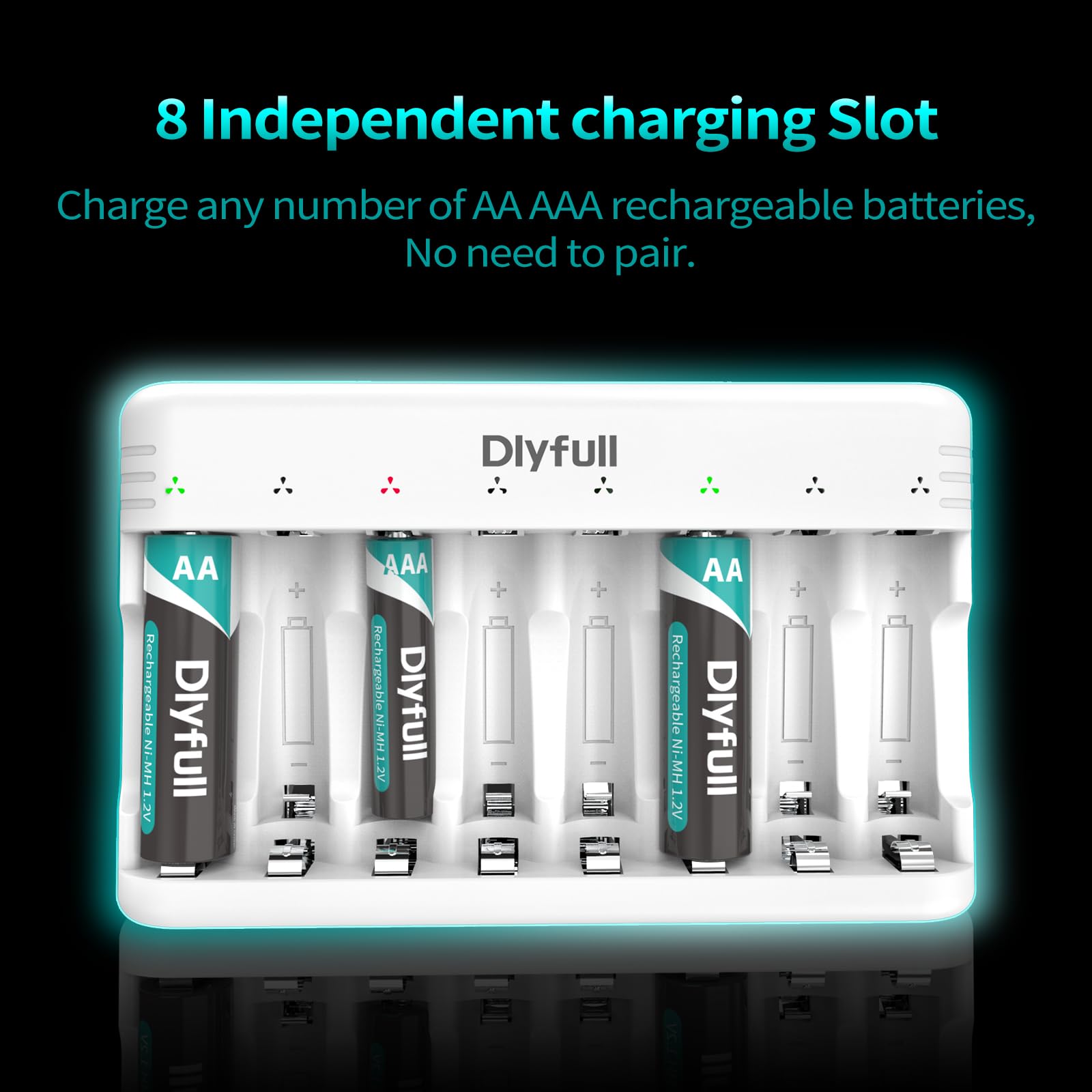 Dlyfull 8 Bay AA AAA Battery Charger with USB-C Fast Charging - Independent Slot for 1.2V Ni-MH Ni-CD Rechargeable Batteries - Includes USB Cable - Perfect for Home, Office, and Travel Use