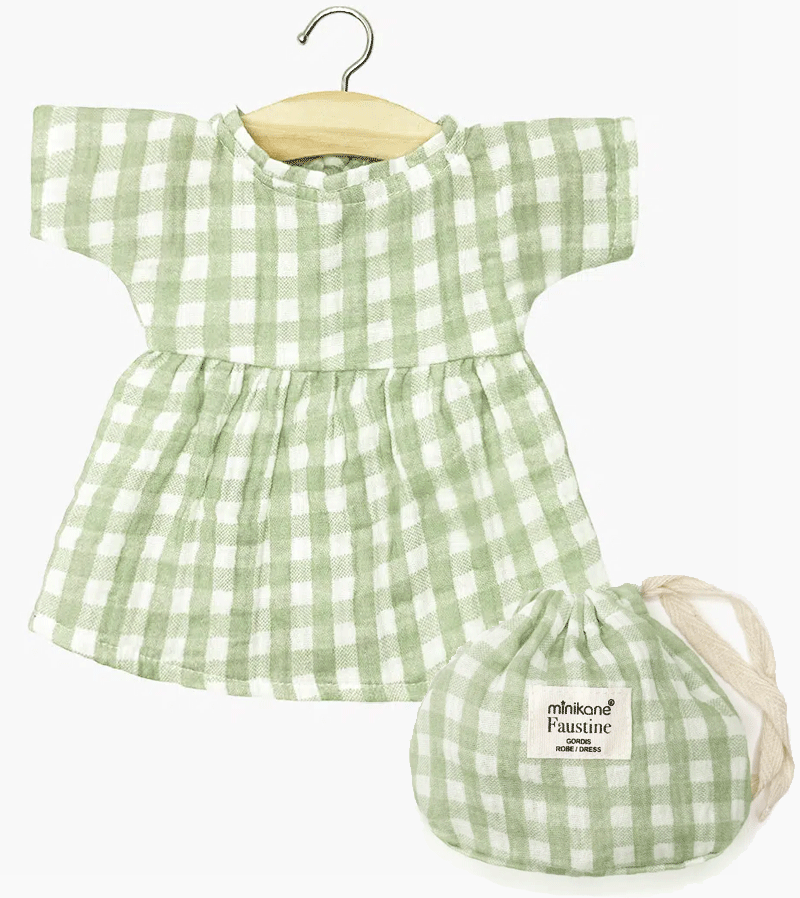 Minikane Faustine Green Vichy Check Dress with Pouch for Baby Dolls - Perfect for Playtime, Collecting, and Photoshoots