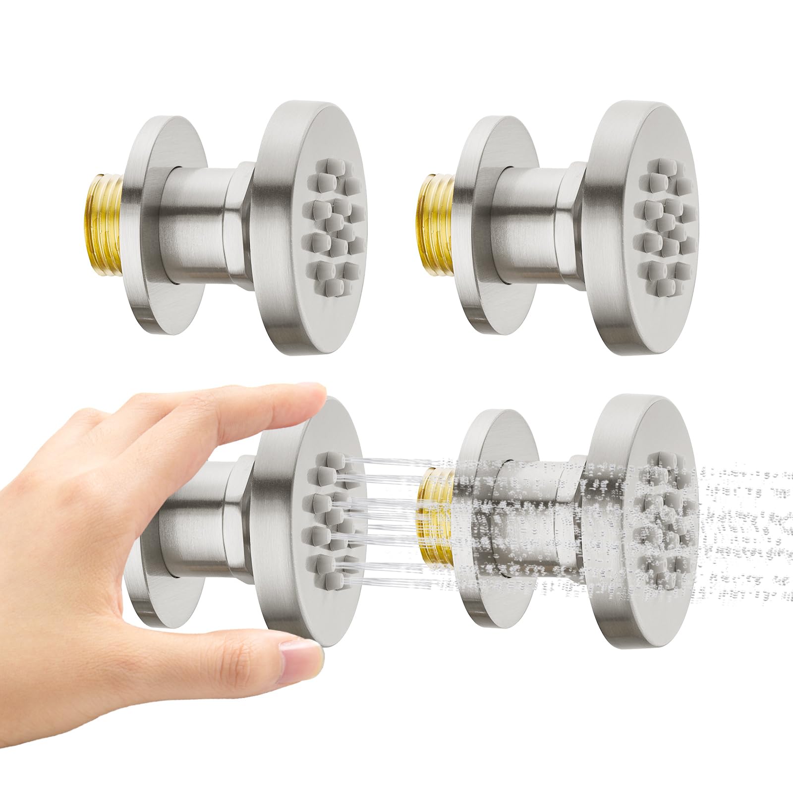 4PCS Round Shower Body Jet Spray with On/Off Flow Control - Brushed Nickel Brass Head for Spa Massage - Perfect for Bathroom Renovation & Luxury Shower Experience