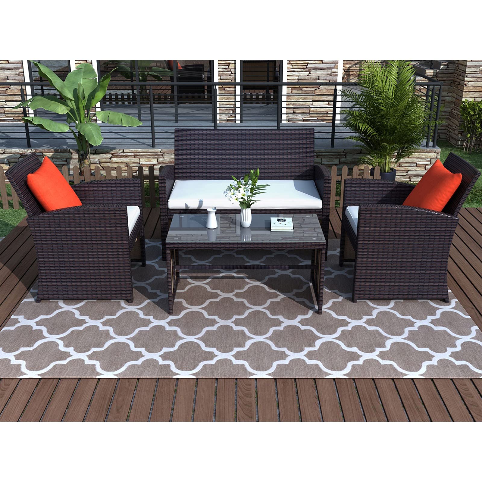 4-Piece Outdoor Patio Furniture Set - Rattan Wicker Conversation Chairs with Soft Cushions & Glass Table - Brown Garden Furniture for Balcony, Porch, Backyard (Perfect for Relaxing & Entertaining Outdoors)