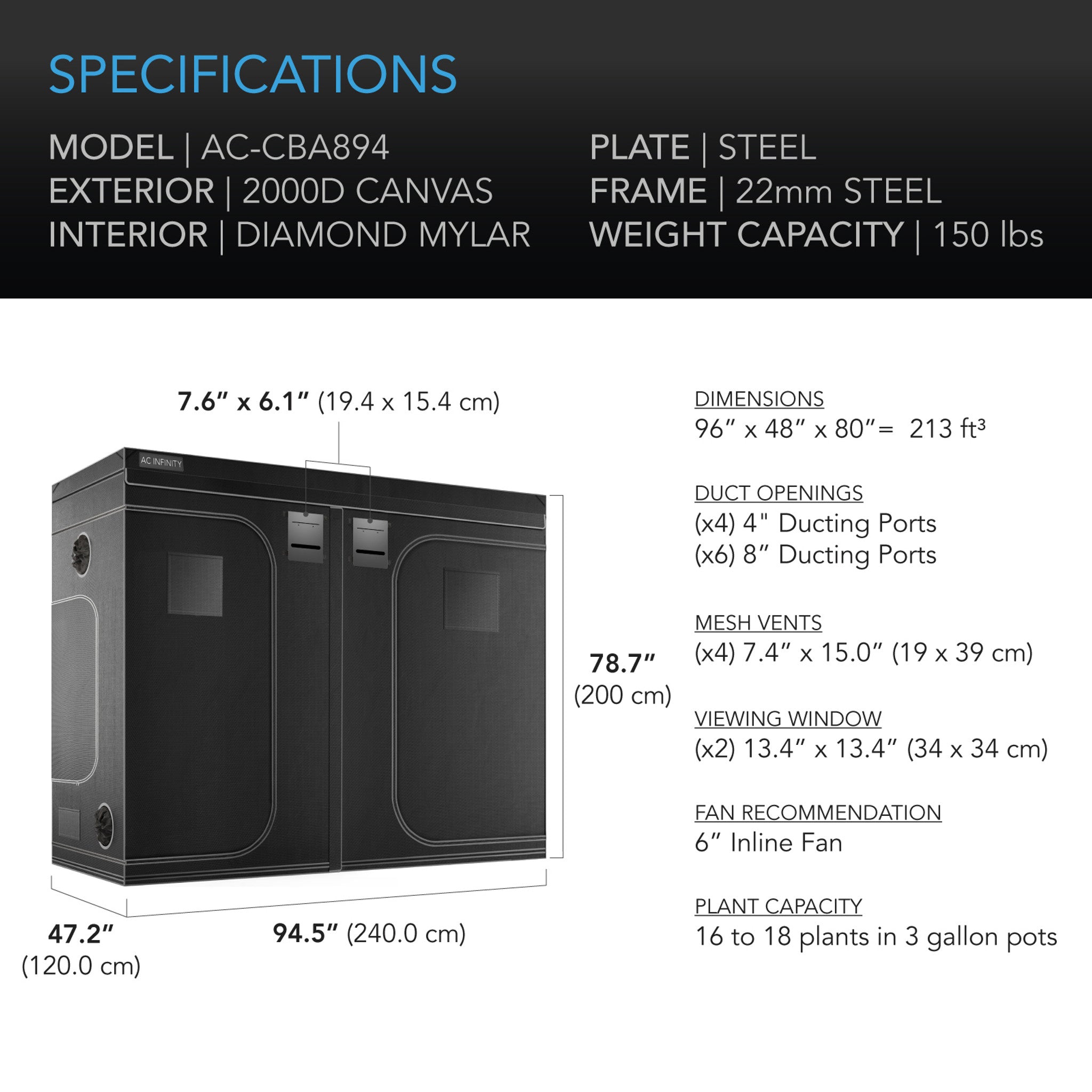 Cloudlab 894 Advanced 8x4 Grow Tent - 240x120x200cm Hydroponic Indoor Plant Growing Room with 2000D Diamond Reflective Mylar Canvas - Perfect for Cannabis, Vegetables & Flower Cultivation