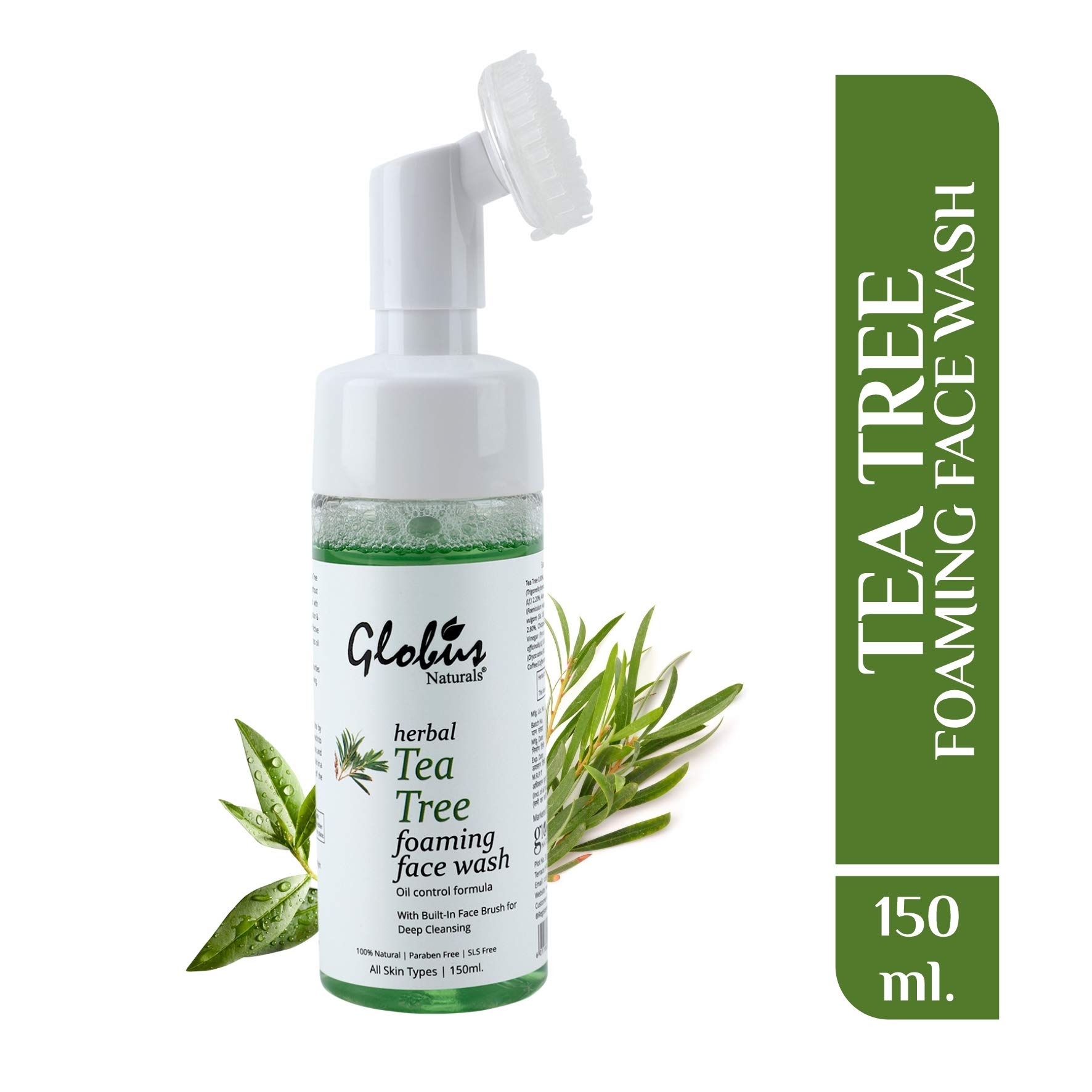 Globus Naturals Tea Tree Acne Control Foaming Face Wash with Silicone Face Massage Brush 150ml - Deep Cleansing for Oily & Acne-Prone Skin | Perfect for Daily Skincare Routine
